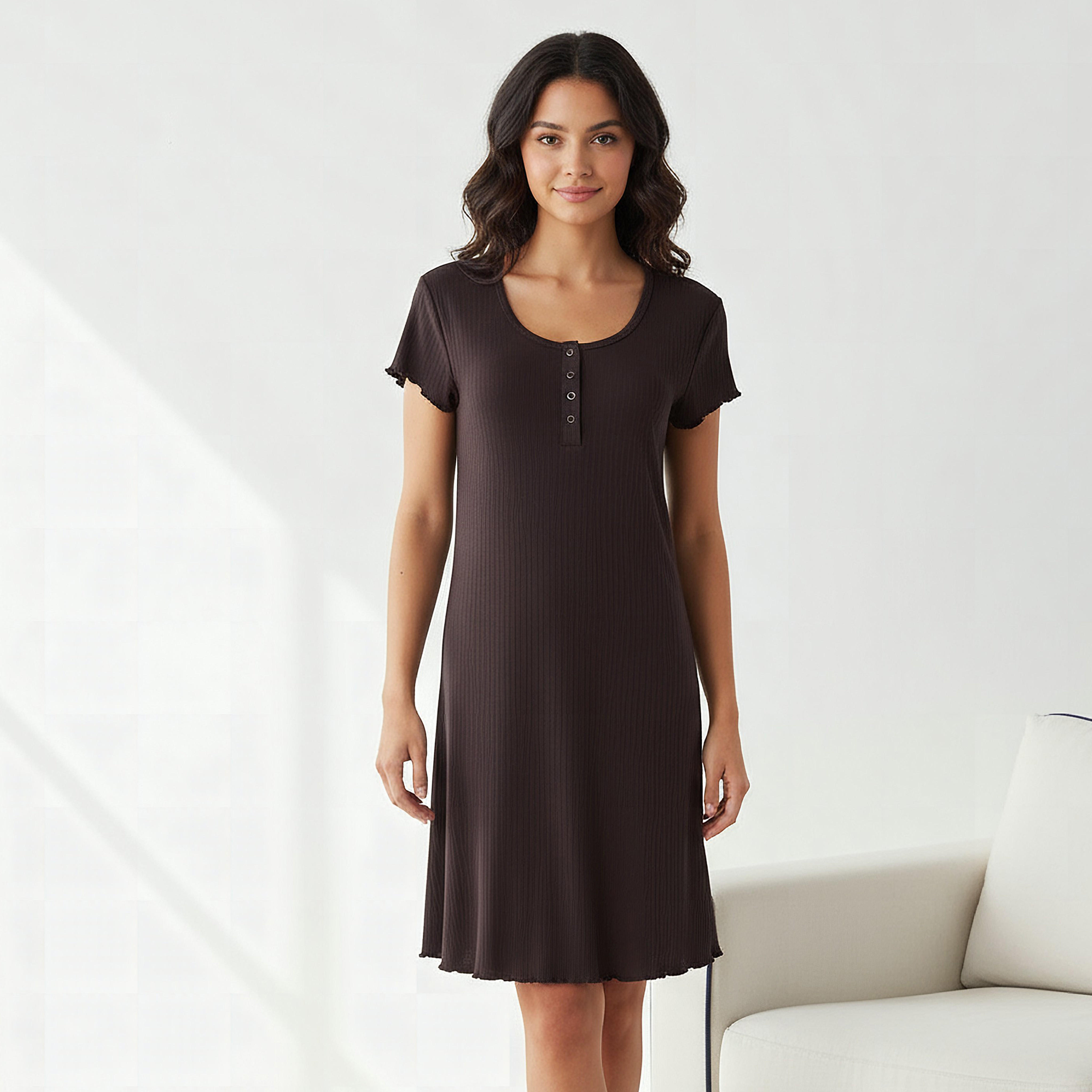 Night Dress with Short Sleeves and Ribbed Design-women-clothing-nightwear-nighties-image-1