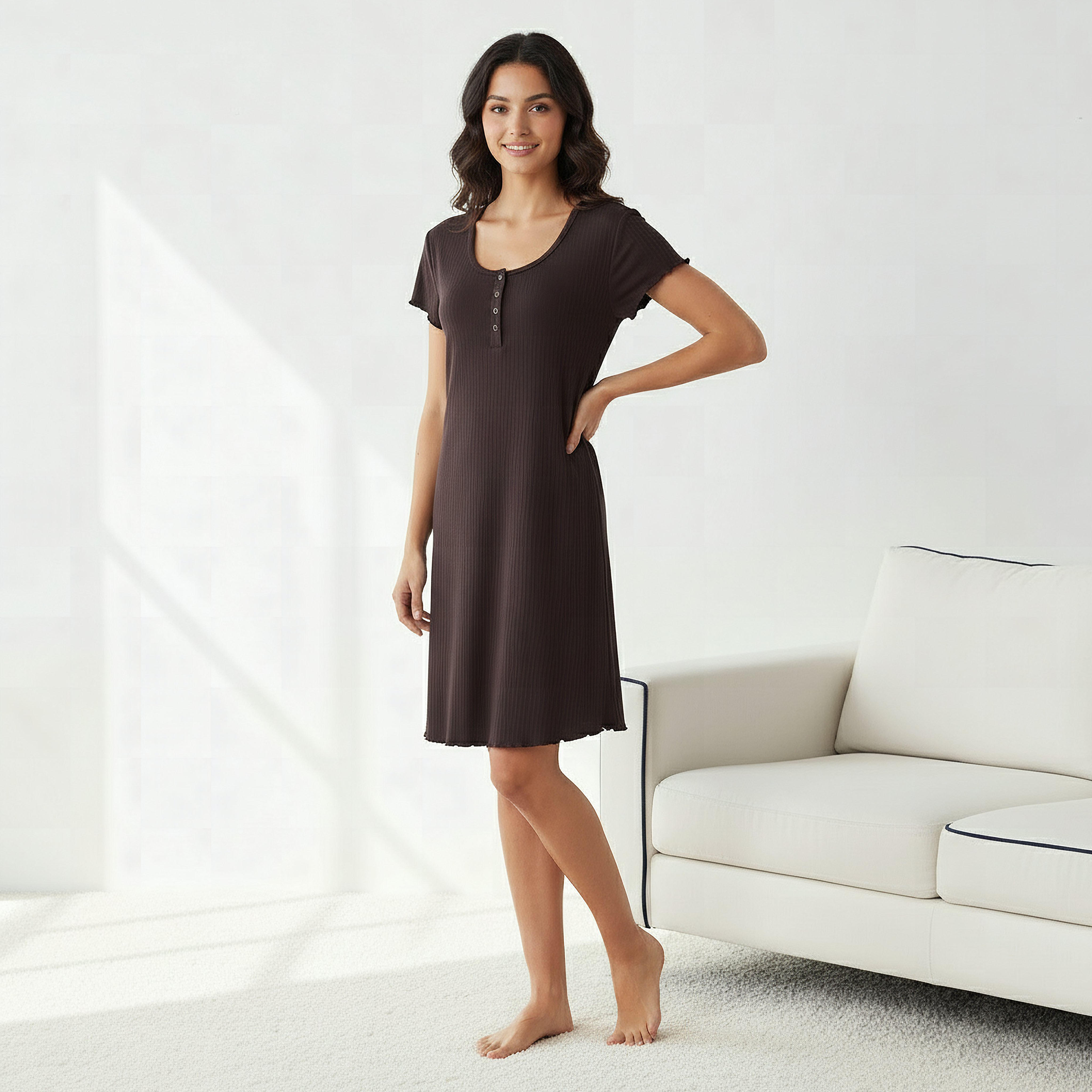Night Dress with Short Sleeves and Ribbed Design-women-clothing-nightwear-nighties-image-2