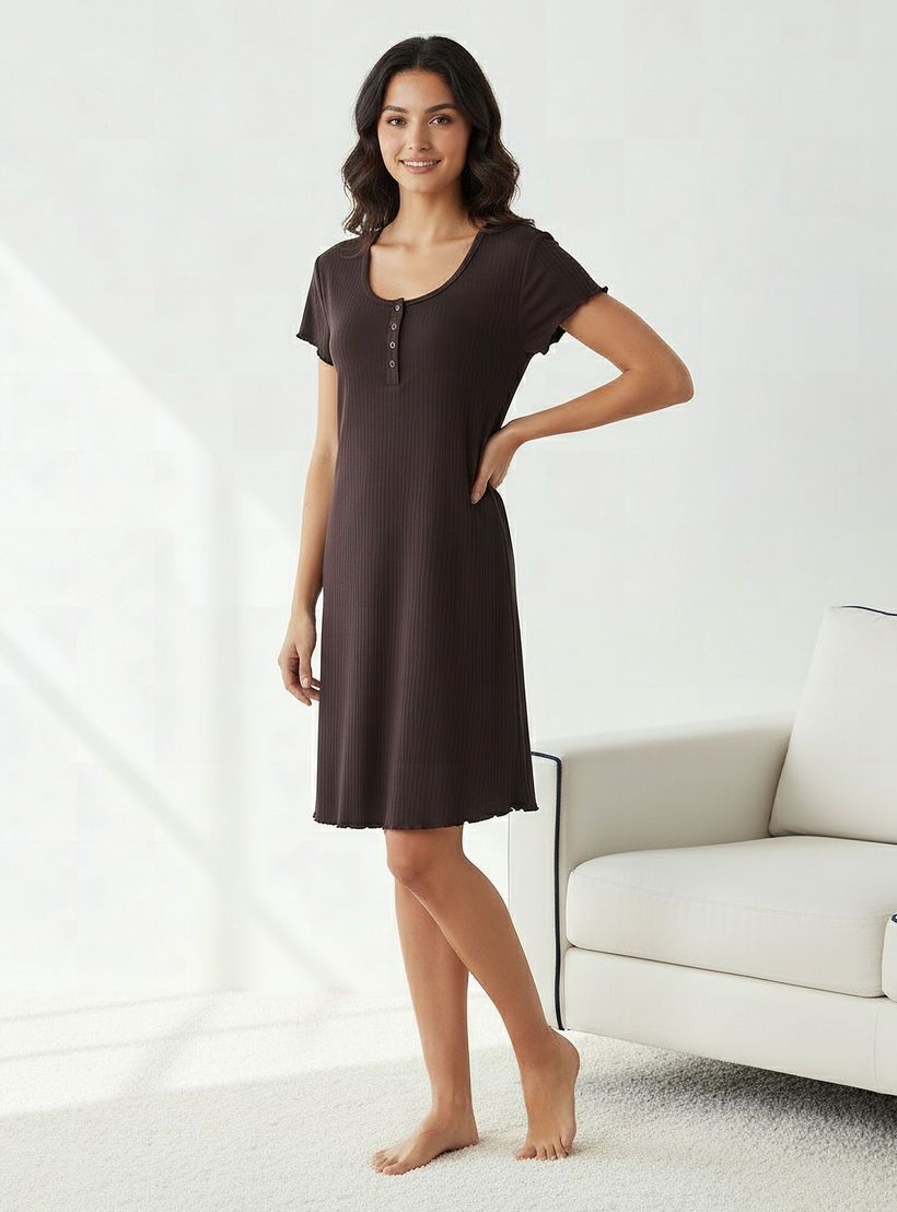 Night Dress with Short Sleeves and Ribbed Design-women-clothing-nightwear-nighties-image-2
