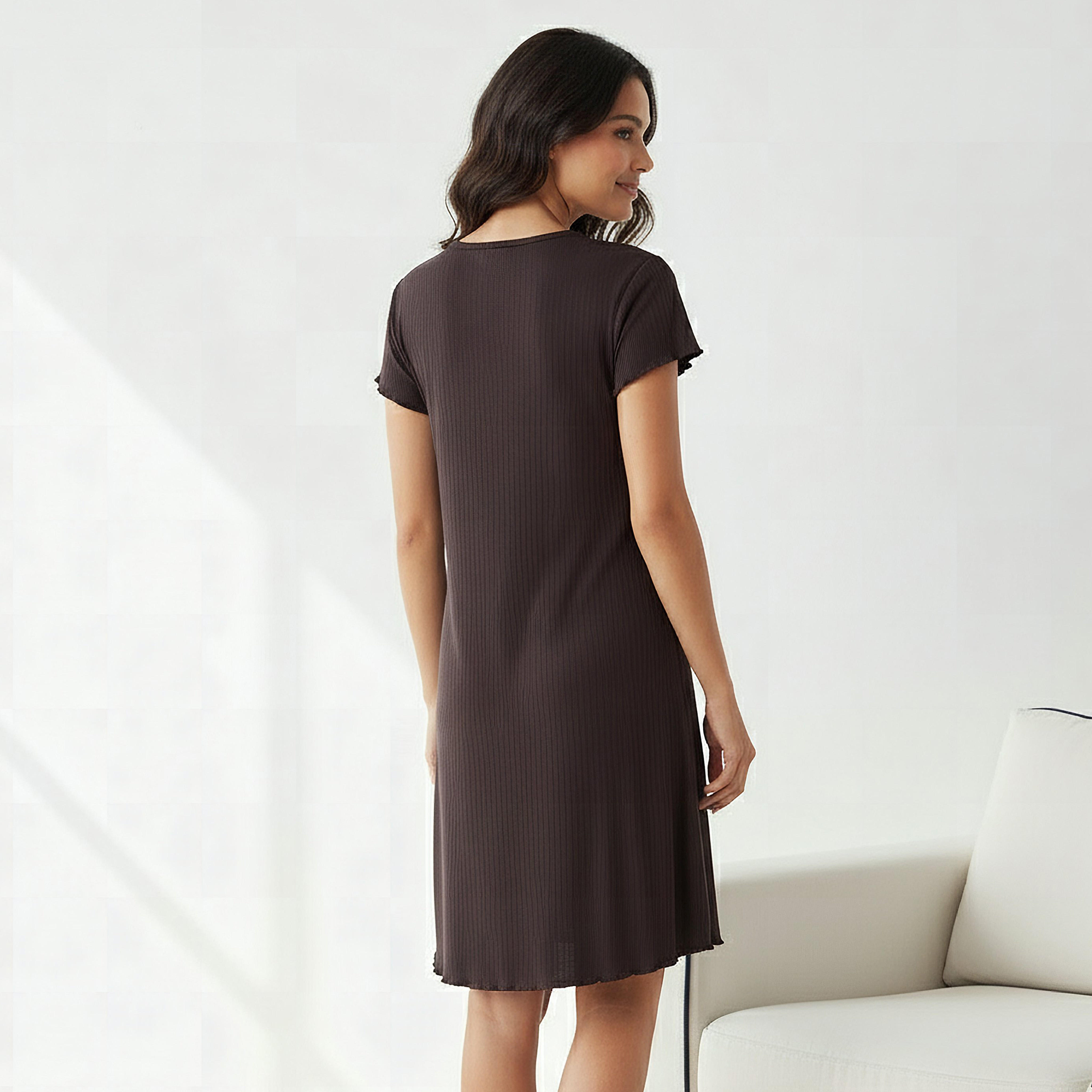Night Dress with Short Sleeves and Ribbed Design-women-clothing-nightwear-nighties-image-3