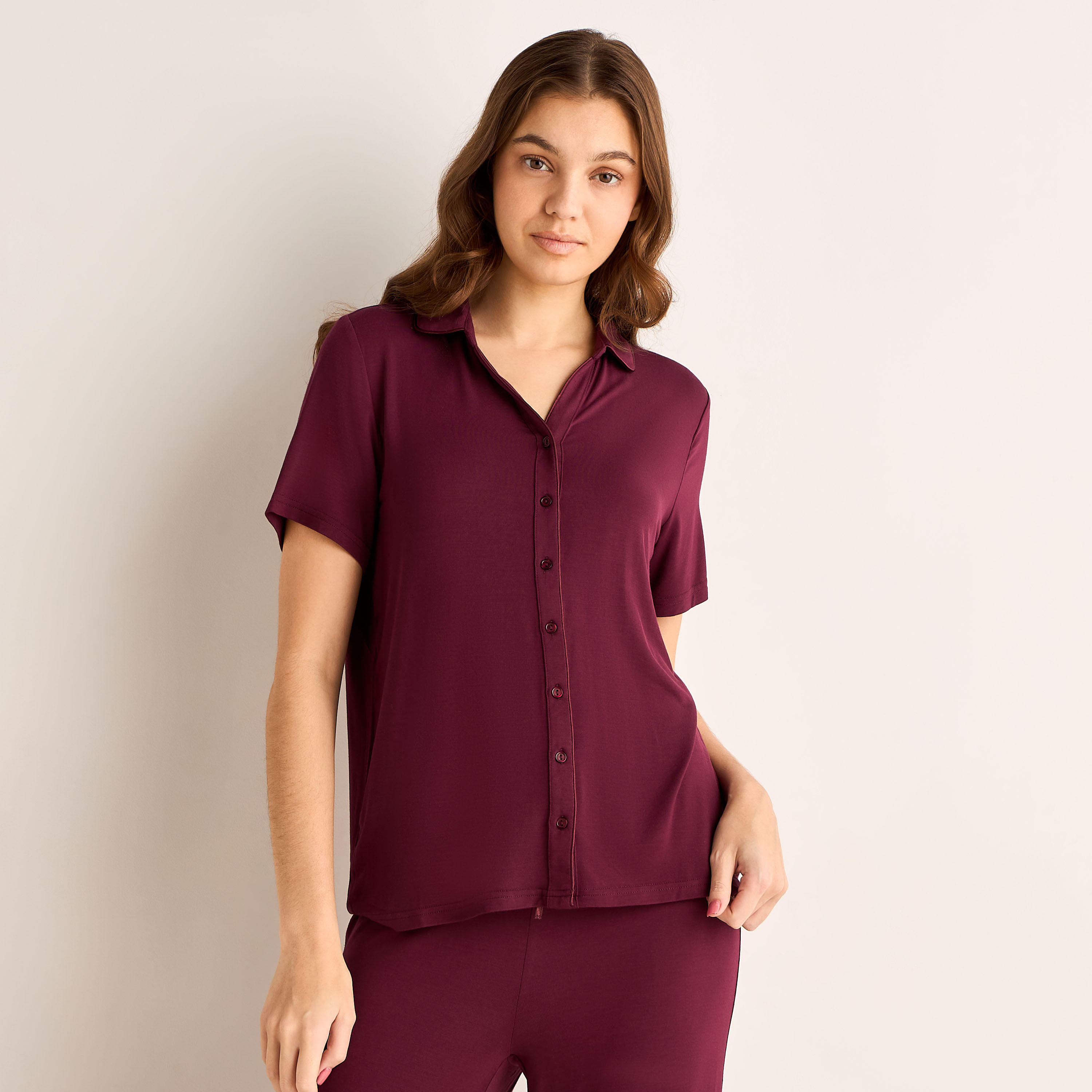 طقم قميص بأزرار إغلاق وبنطلون بيجاما مودال-women-clothing-nightwear-pyjamas-longsets-image-5