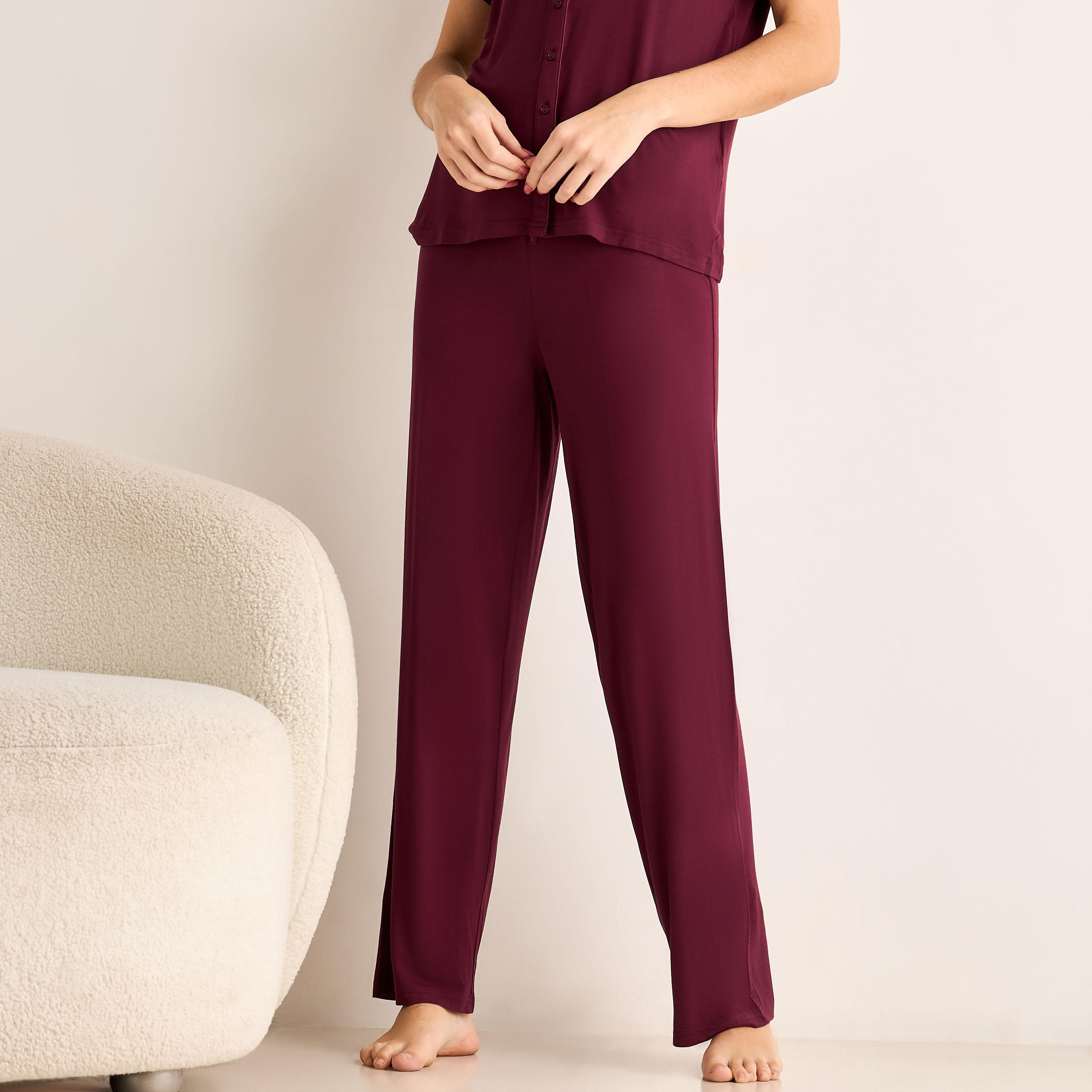 طقم قميص بأزرار إغلاق وبنطلون بيجاما مودال-women-clothing-nightwear-pyjamas-longsets-image-3