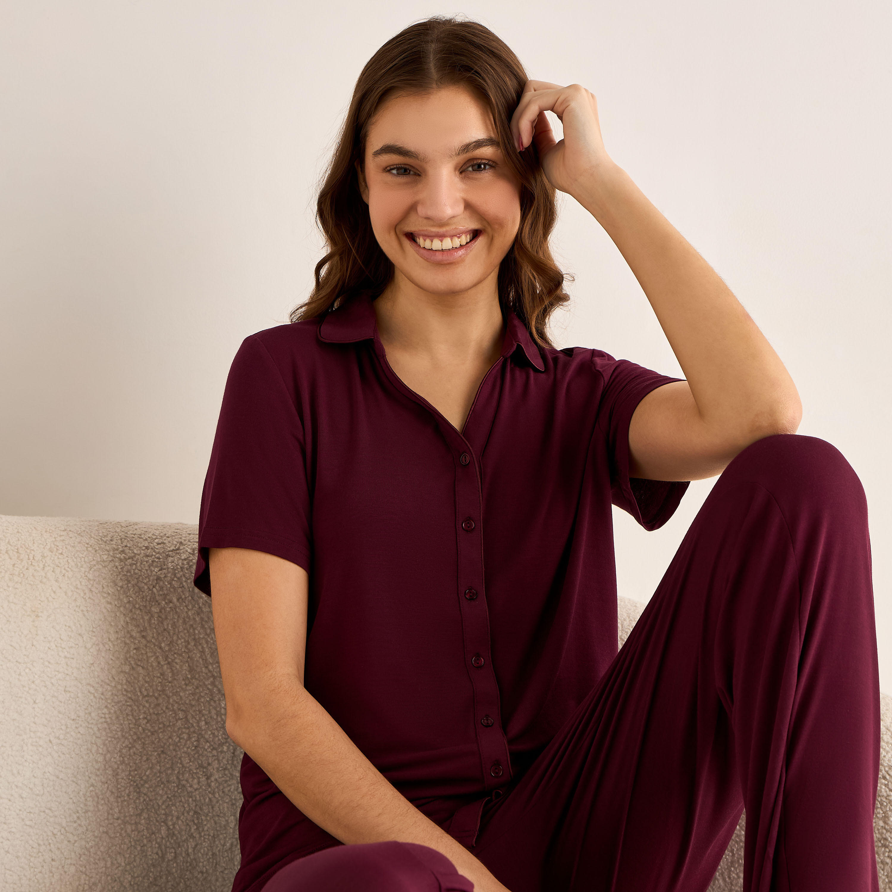 طقم قميص بأزرار إغلاق وبنطلون بيجاما مودال-women-clothing-nightwear-pyjamas-longsets-image-1