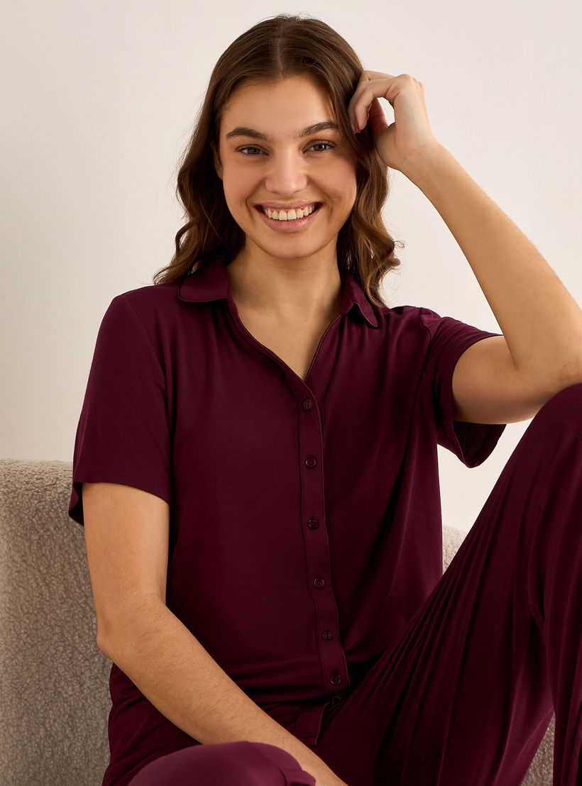 طقم قميص بأزرار إغلاق وبنطلون بيجاما مودال-women-clothing-nightwear-pyjamas-longsets-image-1