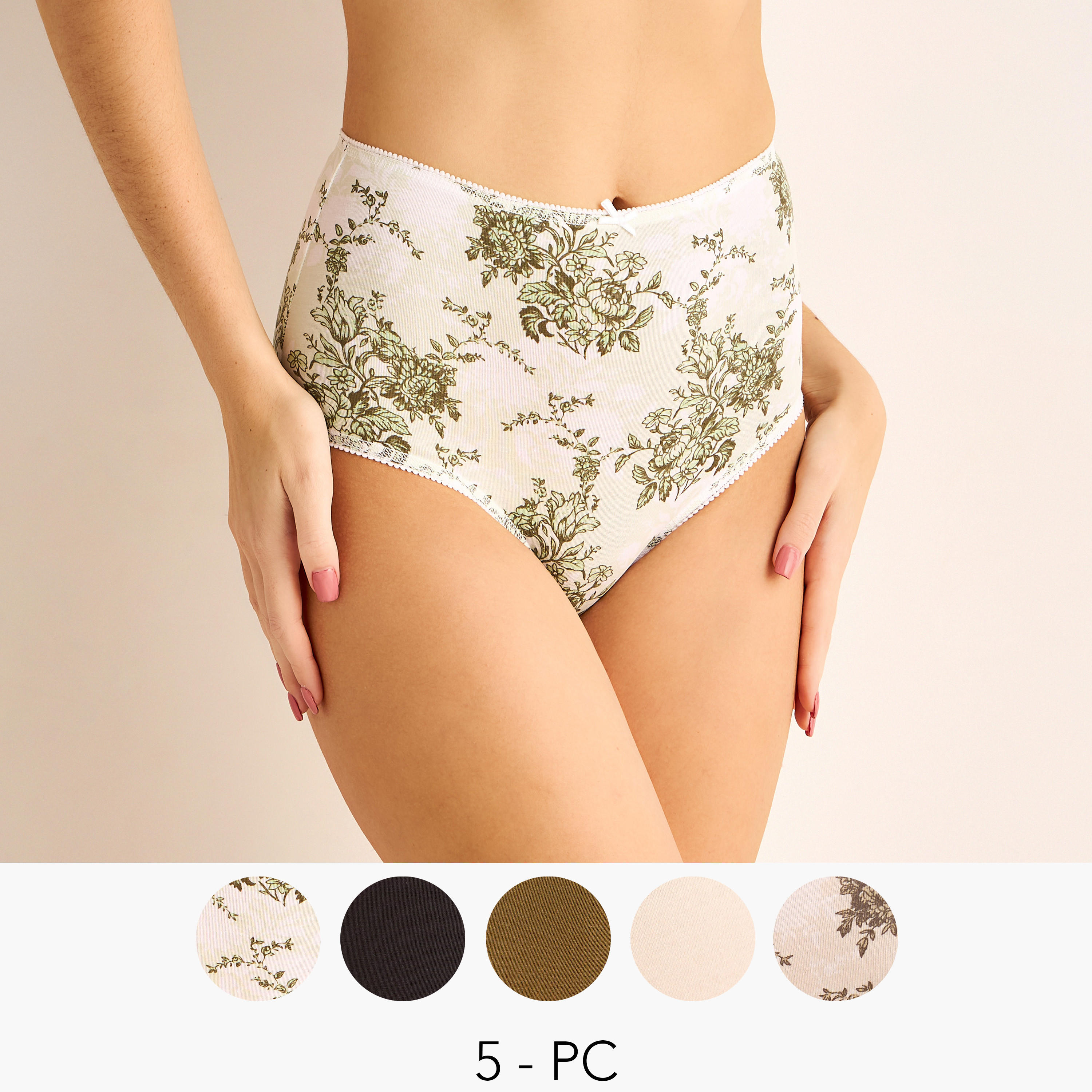 سراويل داخلية كاملة بخصر عالي مع تفاصيل فيونكة – طقم 5 قطع-women-clothing-lingerie-panties-image-1