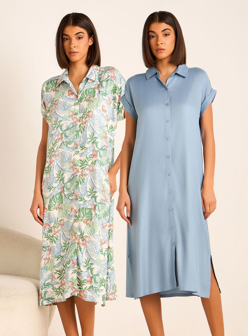 Night Dress Short Sleeves Assorted Print Viscose - Set of 2-women-clothing-nightwear-nighties-image-1