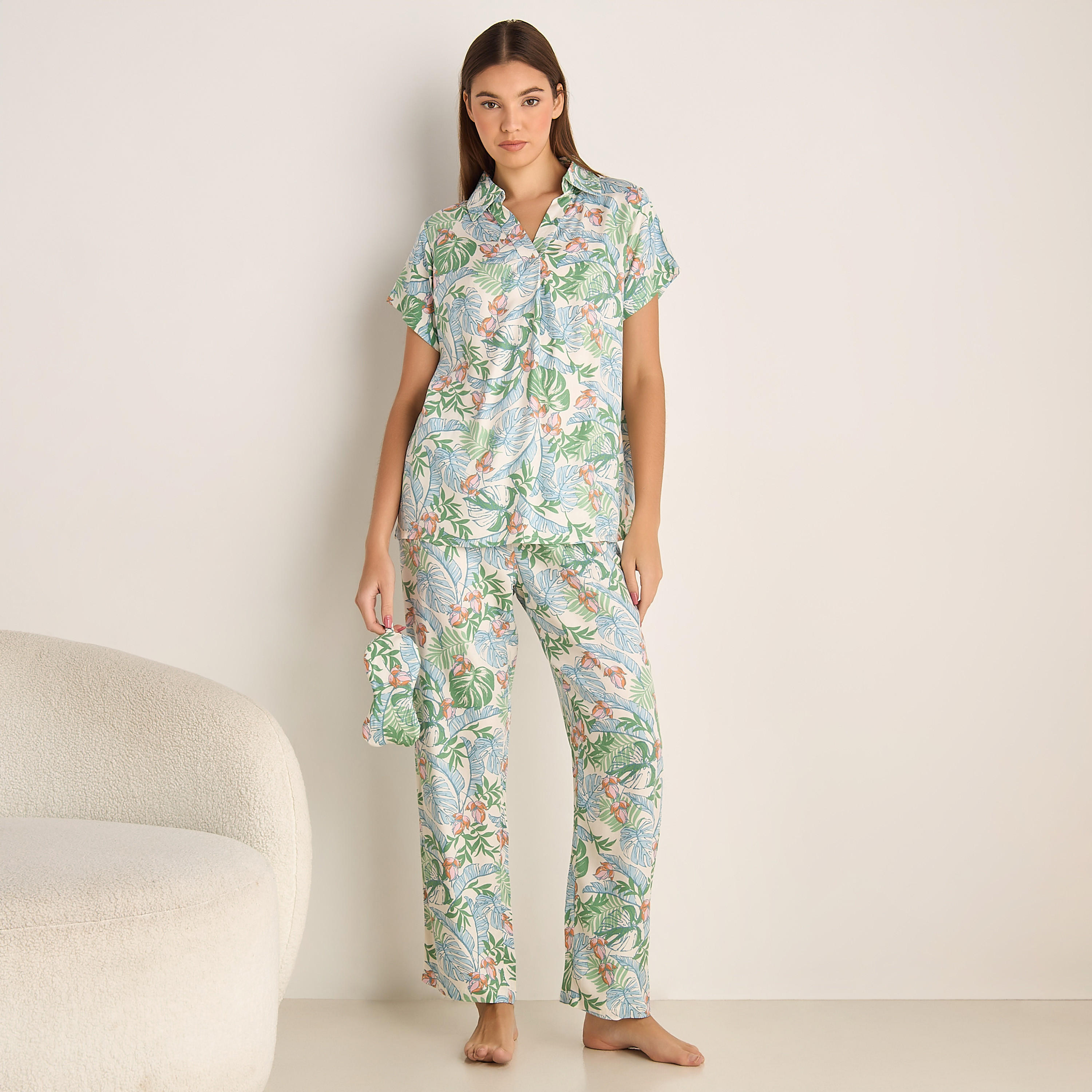 Pyjama Set Button-Down Shirt and Pants with Eye Mask Viscose-women-clothing-nightwear-pyjamas-longsets-image-1