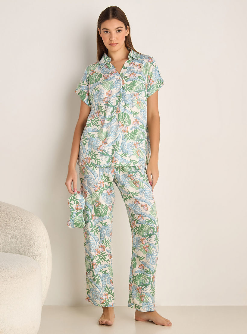 طقم قميص بأزرار وبنطلون بيجاما فيسكوز مع قناع عيون-women-clothing-nightwear-pyjamas-longsets-image-1
