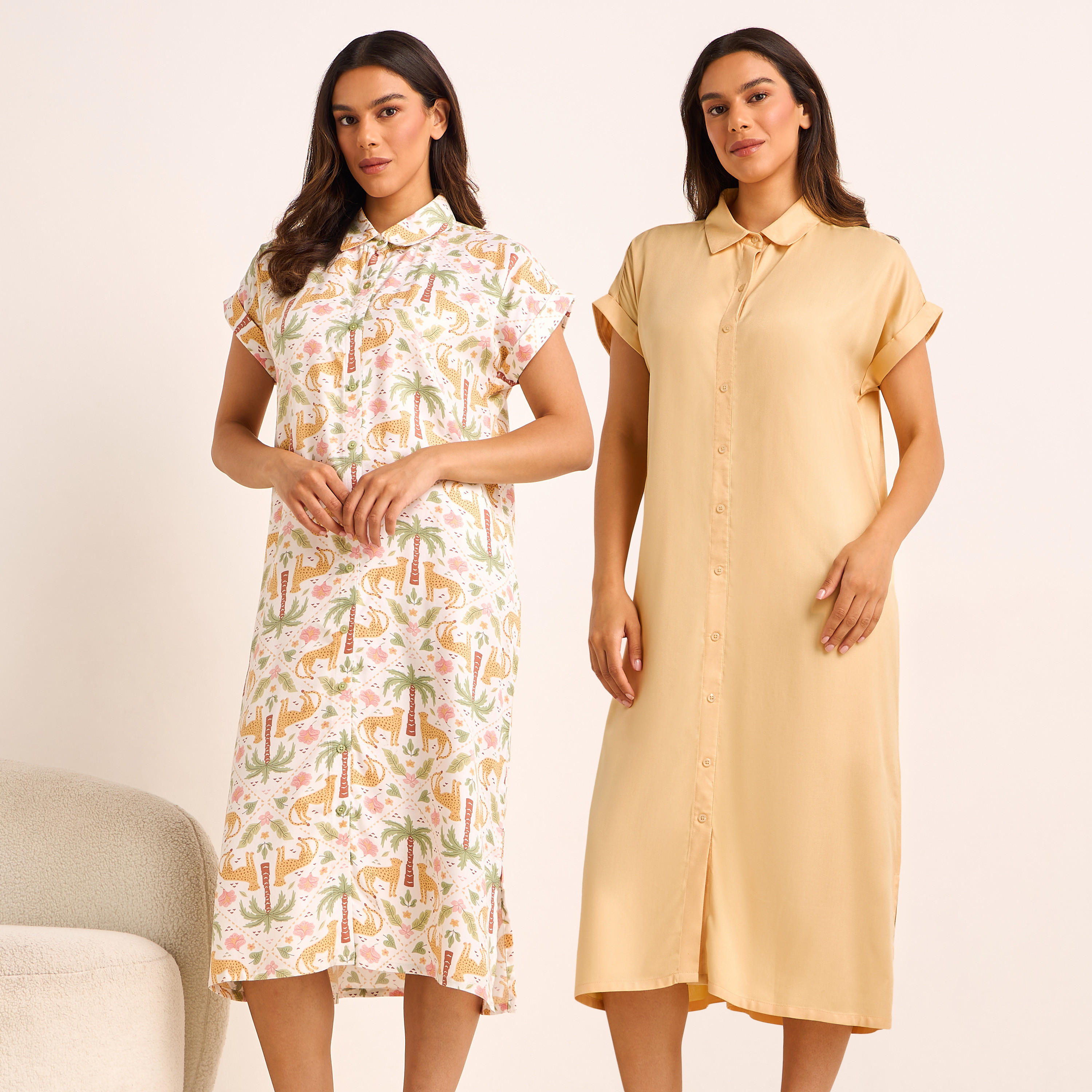 قميص نوم فيسكوز طول ميدي بأكمام قصيرة وطبعات - طقم من 2-women-clothing-nightwear-nighties-image-1