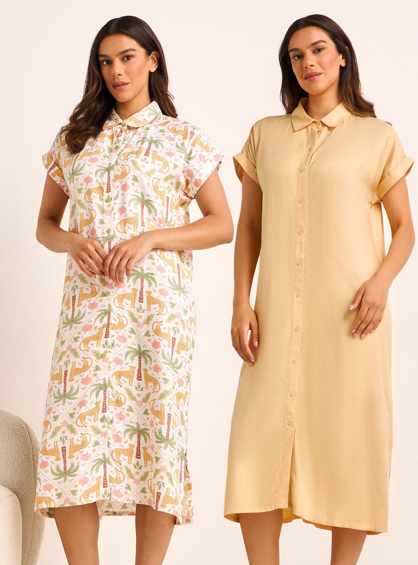 قميص نوم فيسكوز طول ميدي بأكمام قصيرة وطبعات - طقم من 2-women-clothing-nightwear-nighties-image-1