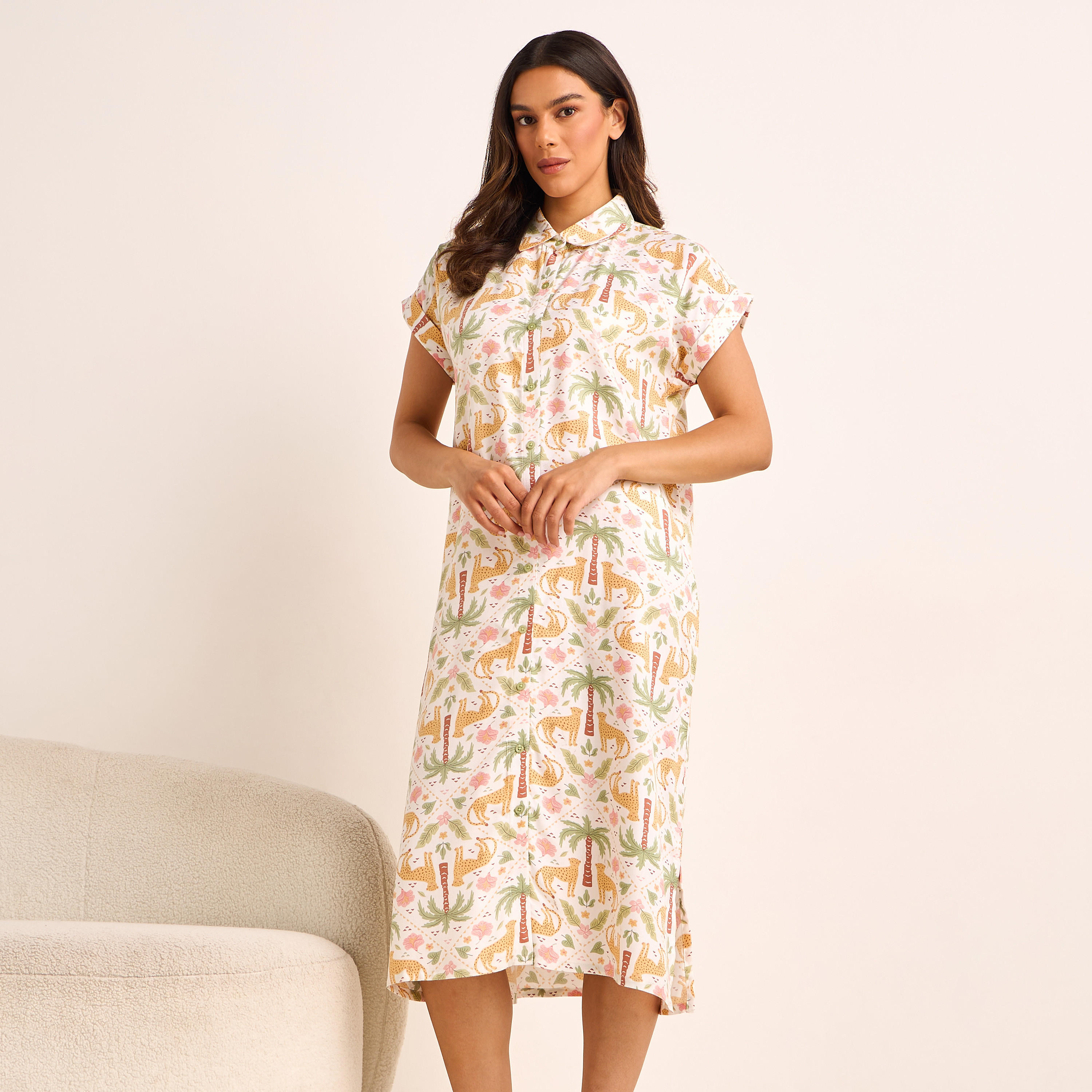 Midi Length Night Dress Short Sleeves Printed Viscose - Set of 2-women-clothing-nightwear-nighties-image-2