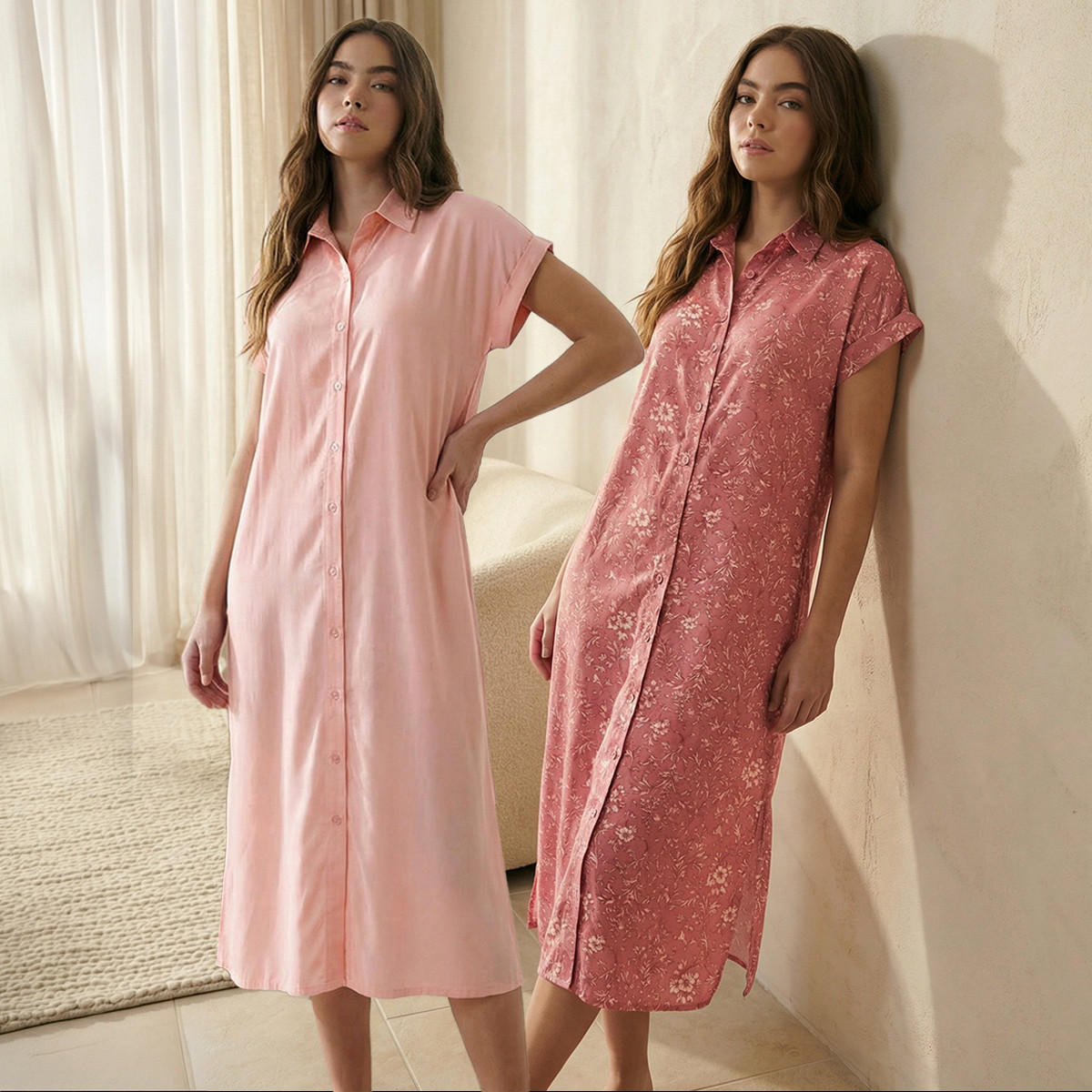 قميص نوم فيسكوز طول ميدي بأكمام قصيرة وطبعات - طقم من 2-women-clothing-nightwear-nighties-image-1