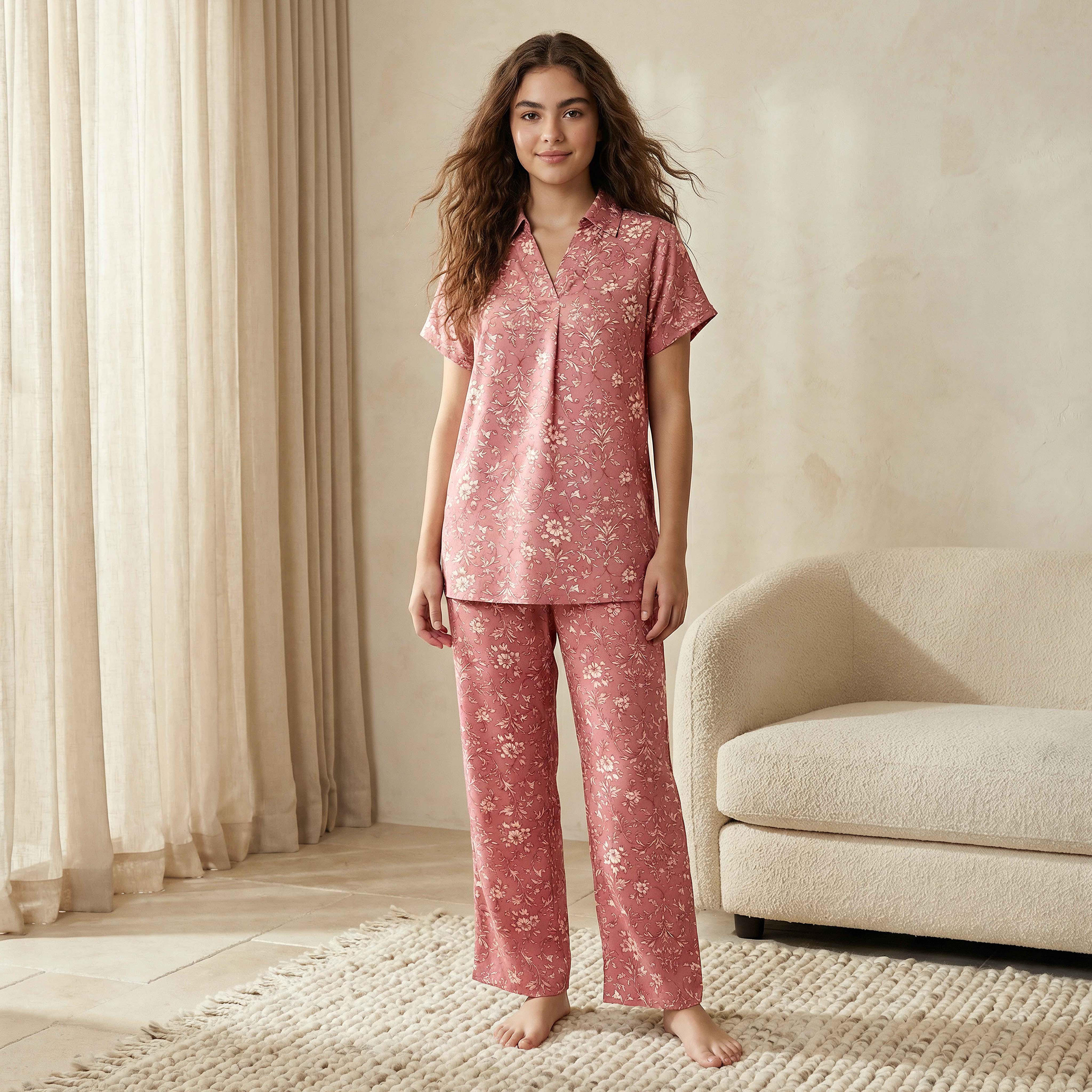 طقم بيجاما فيسكوز بلوزة وبنطلون-women-clothing-nightwear-pyjamas-longsets-image-1