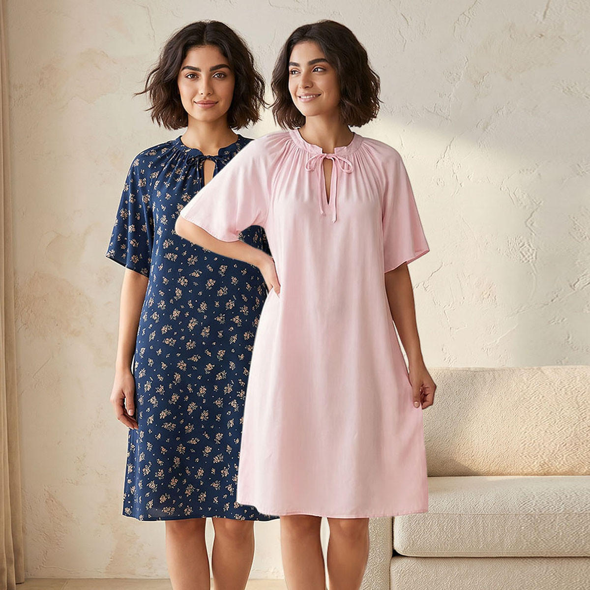 طقم من 2 - قميص نوم قطن بأكمام قصيرة وأربطة-women-clothing-nightwear-nighties-image-1