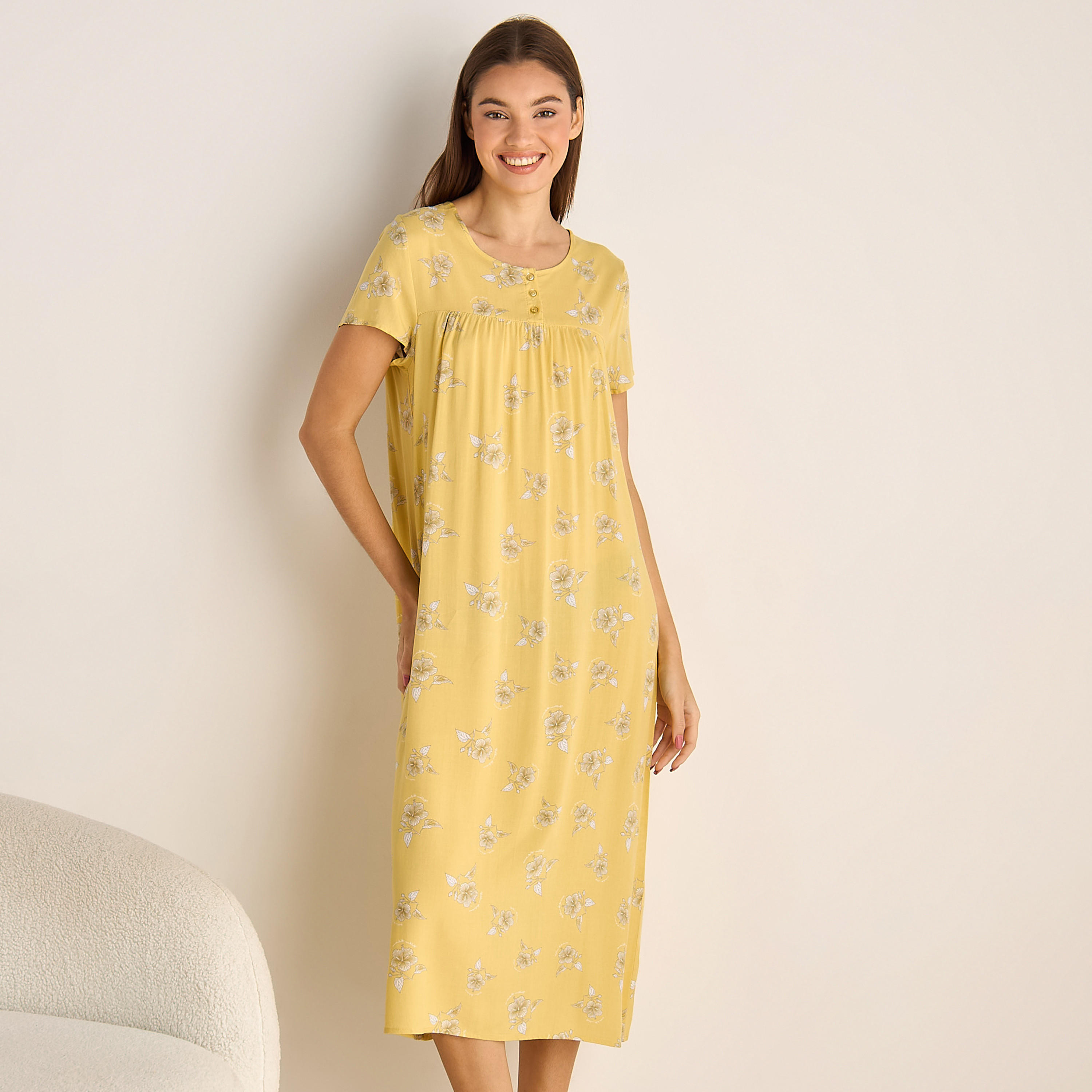 Midi Night Dress Short Sleeves Floral Print Viscose-women-clothing-nightwear-nighties-image-1