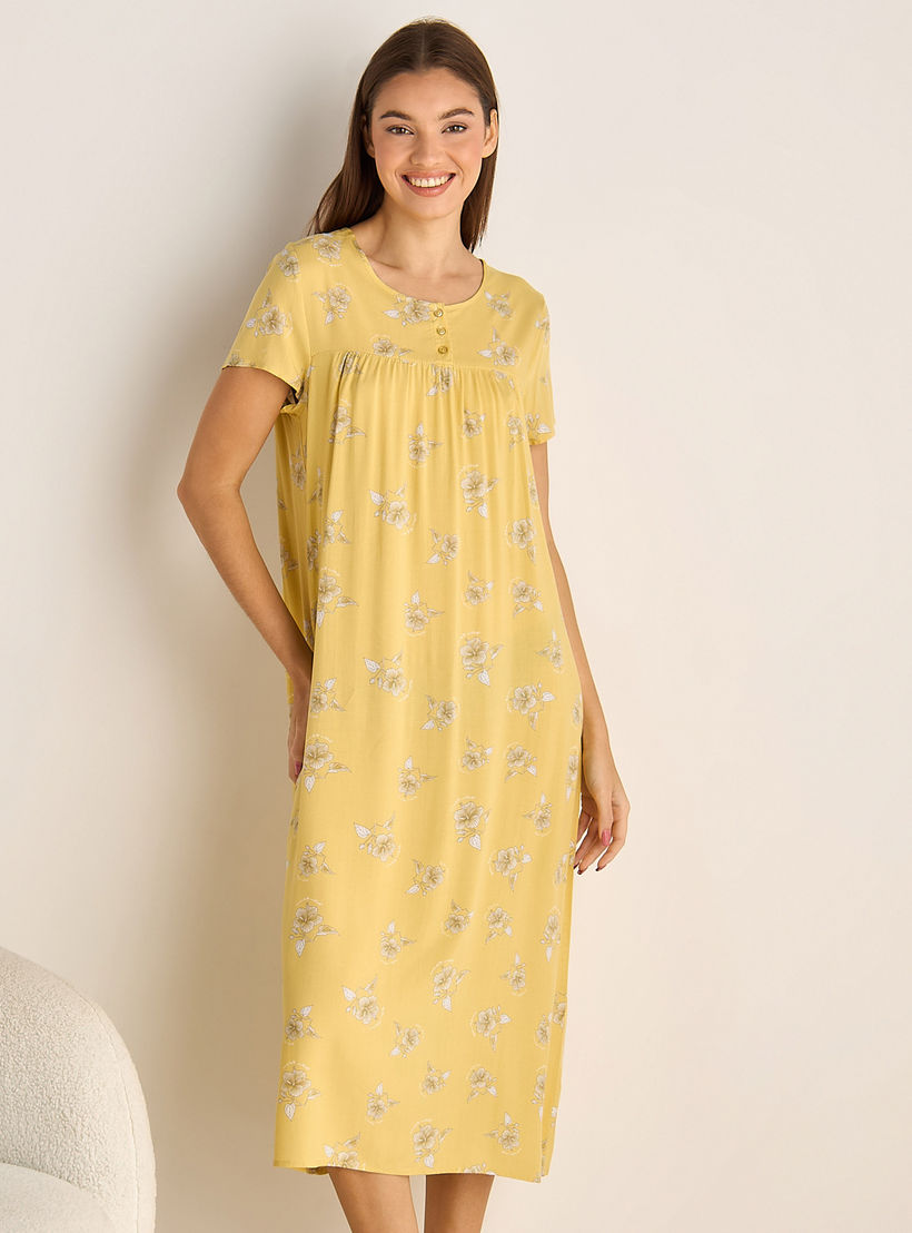 Midi Night Dress Short Sleeves Floral Print Viscose-women-clothing-nightwear-nighties-image-1