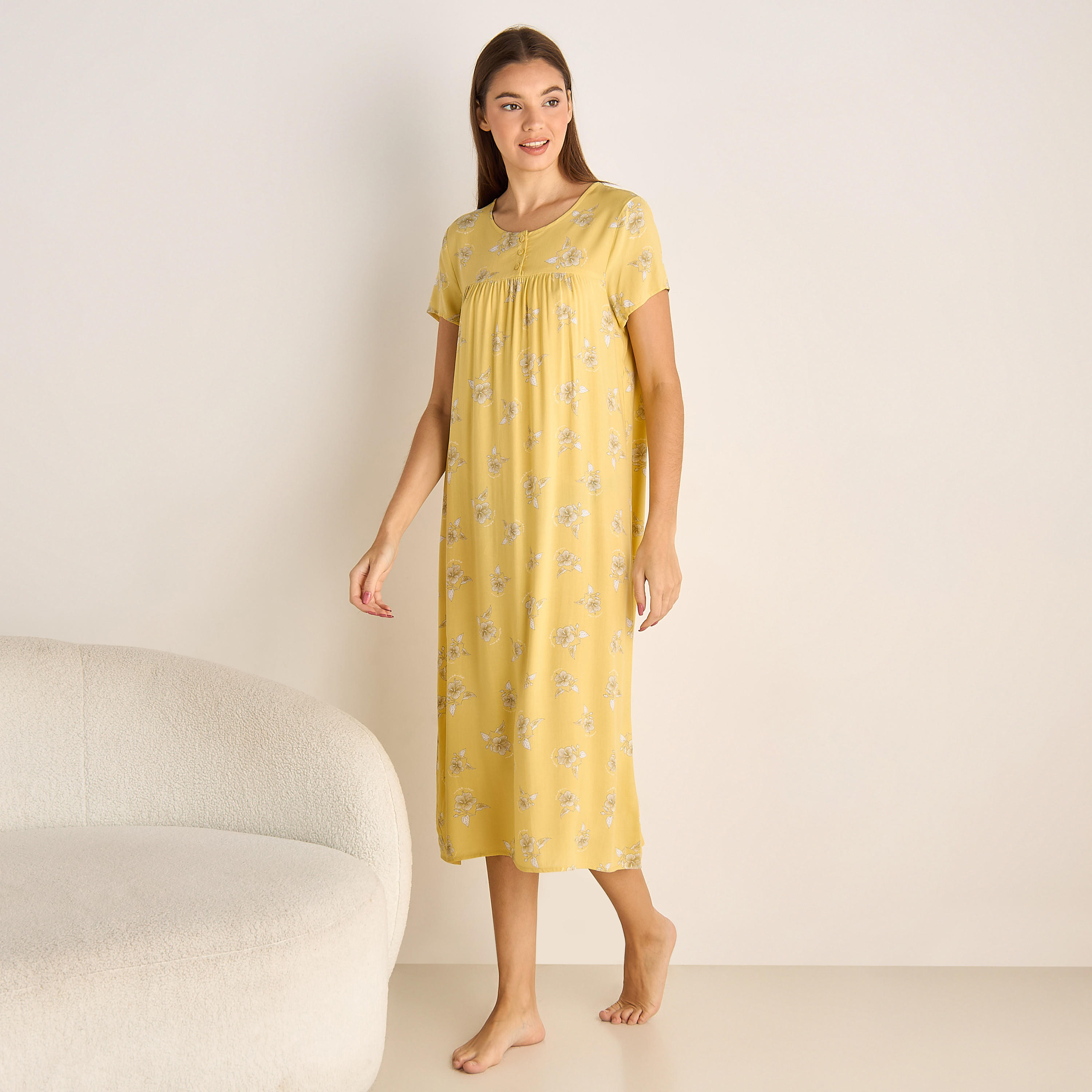 Midi Night Dress Short Sleeves Floral Print Viscose-women-clothing-nightwear-nighties-image-2