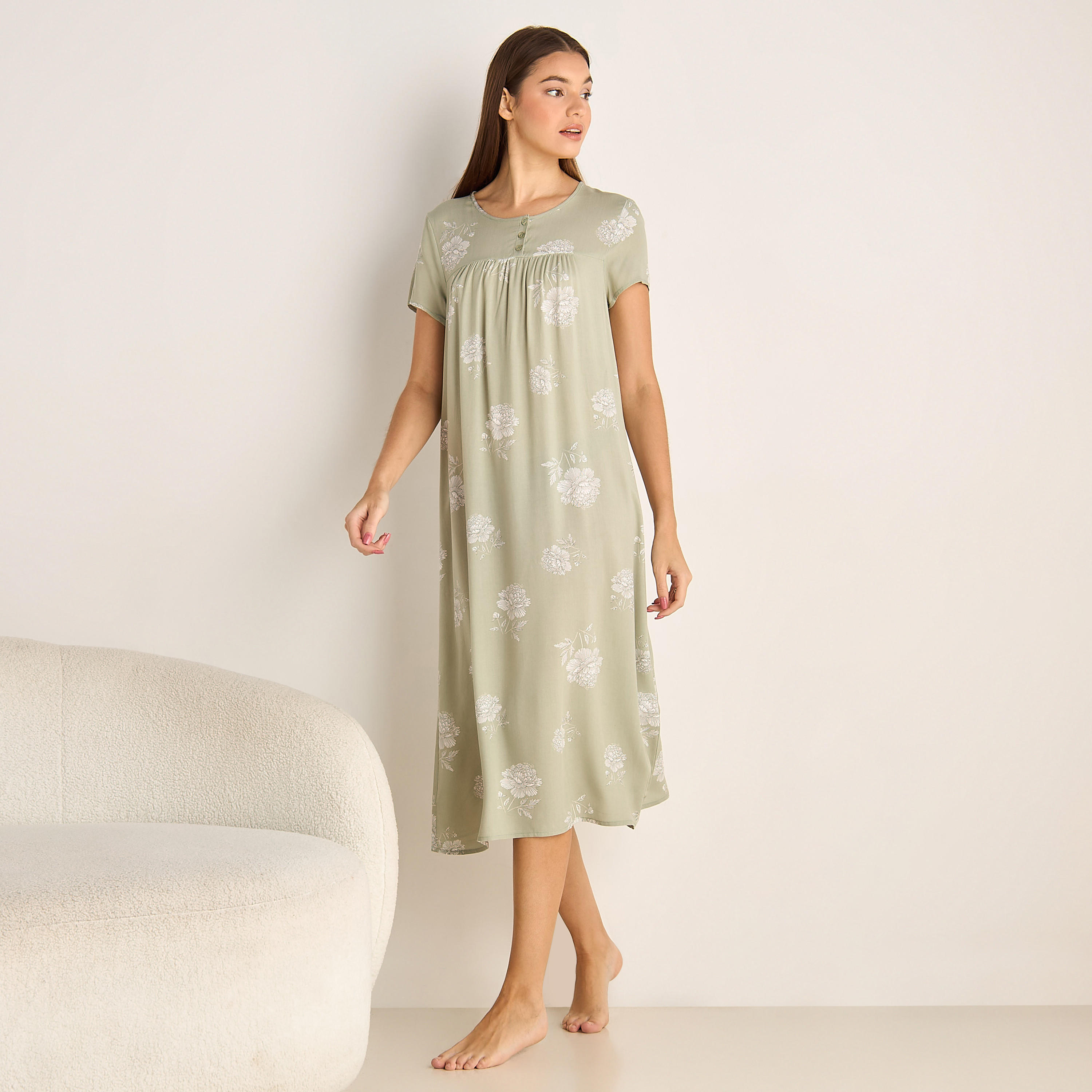 Midi Night Dress Short Sleeves Floral Print Viscose-women-clothing-nightwear-nighties-image-2