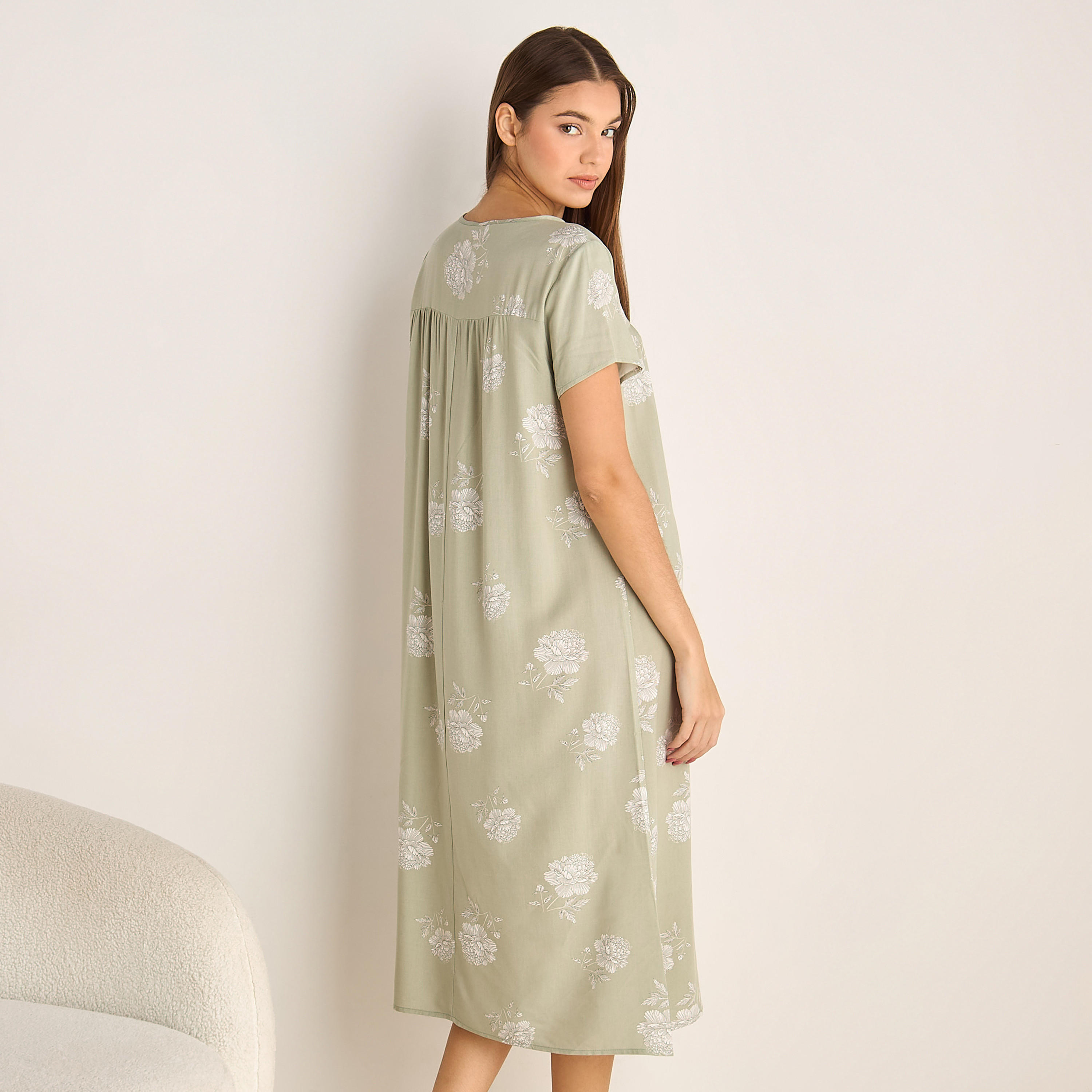 Midi Night Dress Short Sleeves Floral Print Viscose-women-clothing-nightwear-nighties-image-3