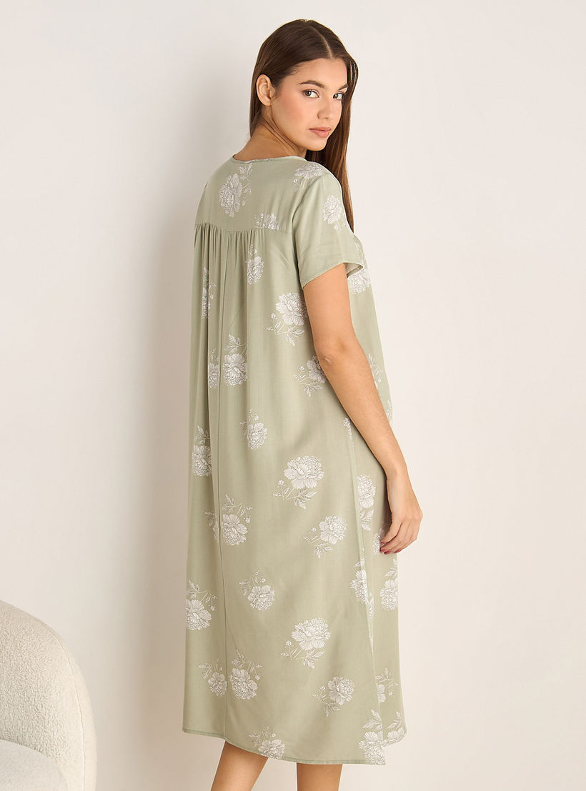 Midi Night Dress Short Sleeves Floral Print Viscose-women-clothing-nightwear-nighties-image-3