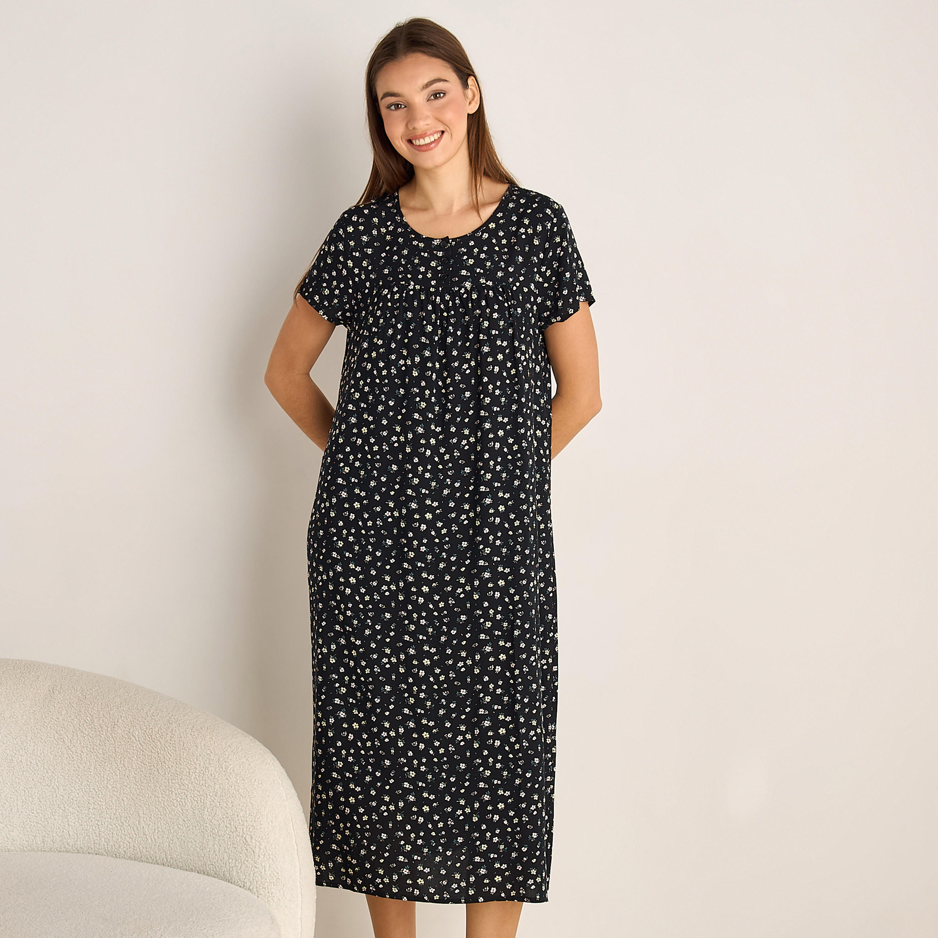 Midi Night Dress Short Sleeves Floral Print Viscose-women-clothing-nightwear-nighties-image-1