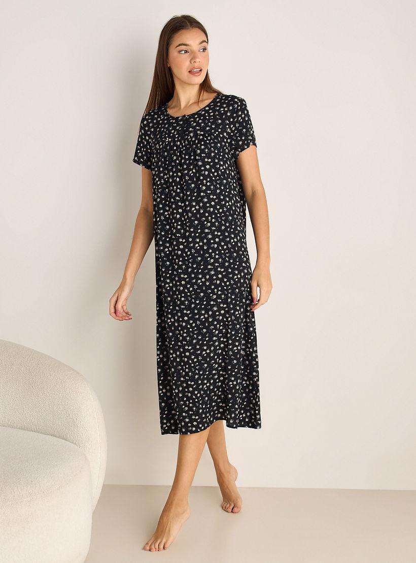 Midi Night Dress Short Sleeves Floral Print Viscose-women-clothing-nightwear-nighties-image-2