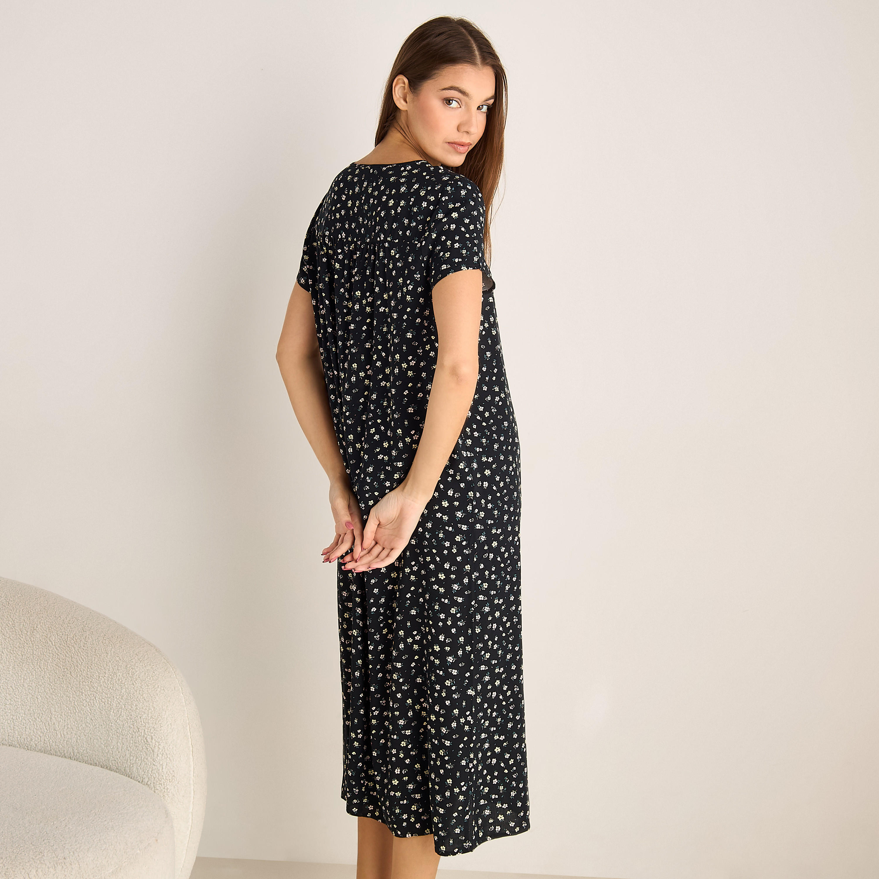 Midi Night Dress Short Sleeves Floral Print Viscose-women-clothing-nightwear-nighties-image-3