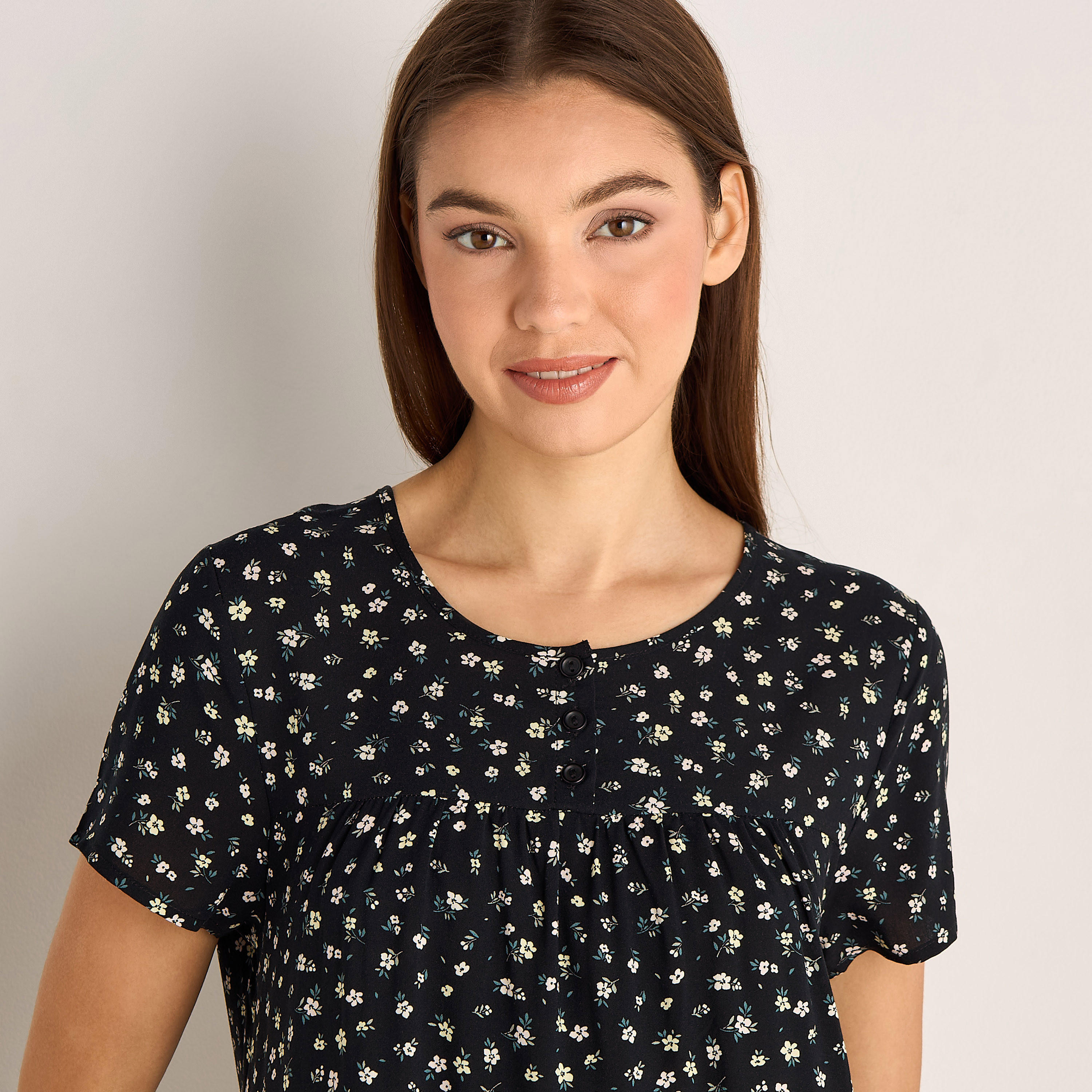 Midi Night Dress Short Sleeves Floral Print Viscose-women-clothing-nightwear-nighties-image-4