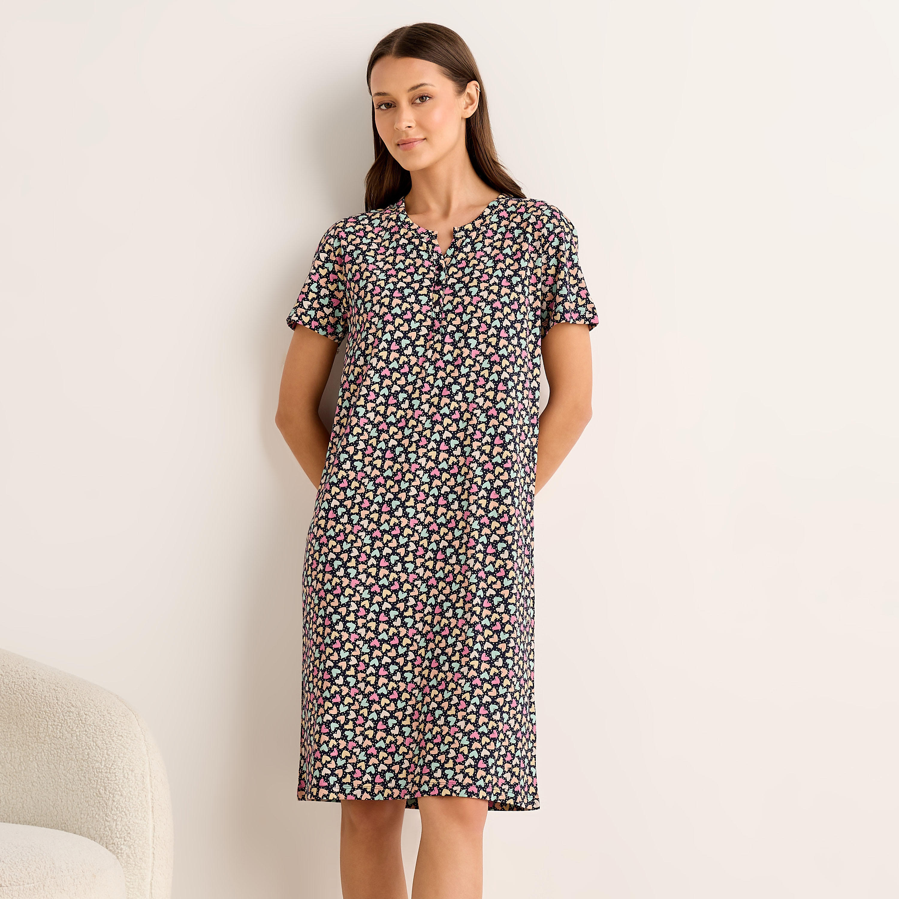 Midi Night Dress Short Sleeves Hearts Print Cotton-women-clothing-nightwear-nighties-image-1