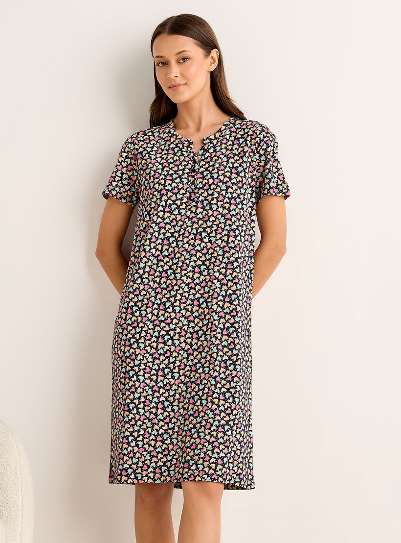 Midi Night Dress Short Sleeves Hearts Print Cotton-women-clothing-nightwear-nighties-image-1
