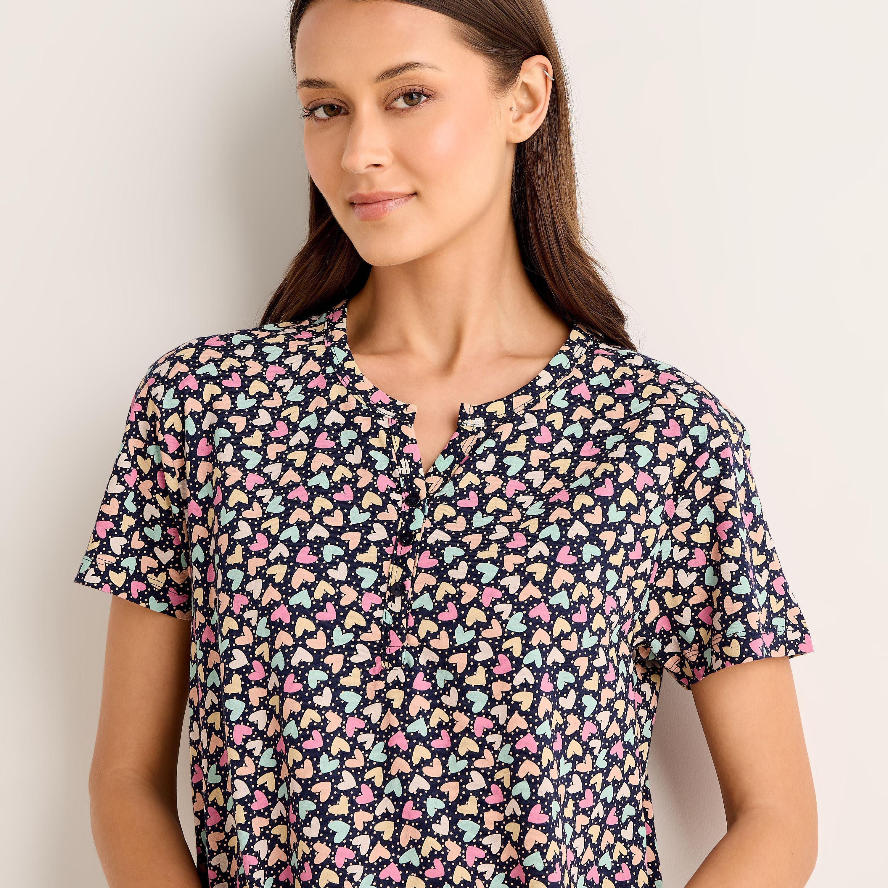 Midi Night Dress Short Sleeves Hearts Print Cotton-women-clothing-nightwear-nighties-image-4