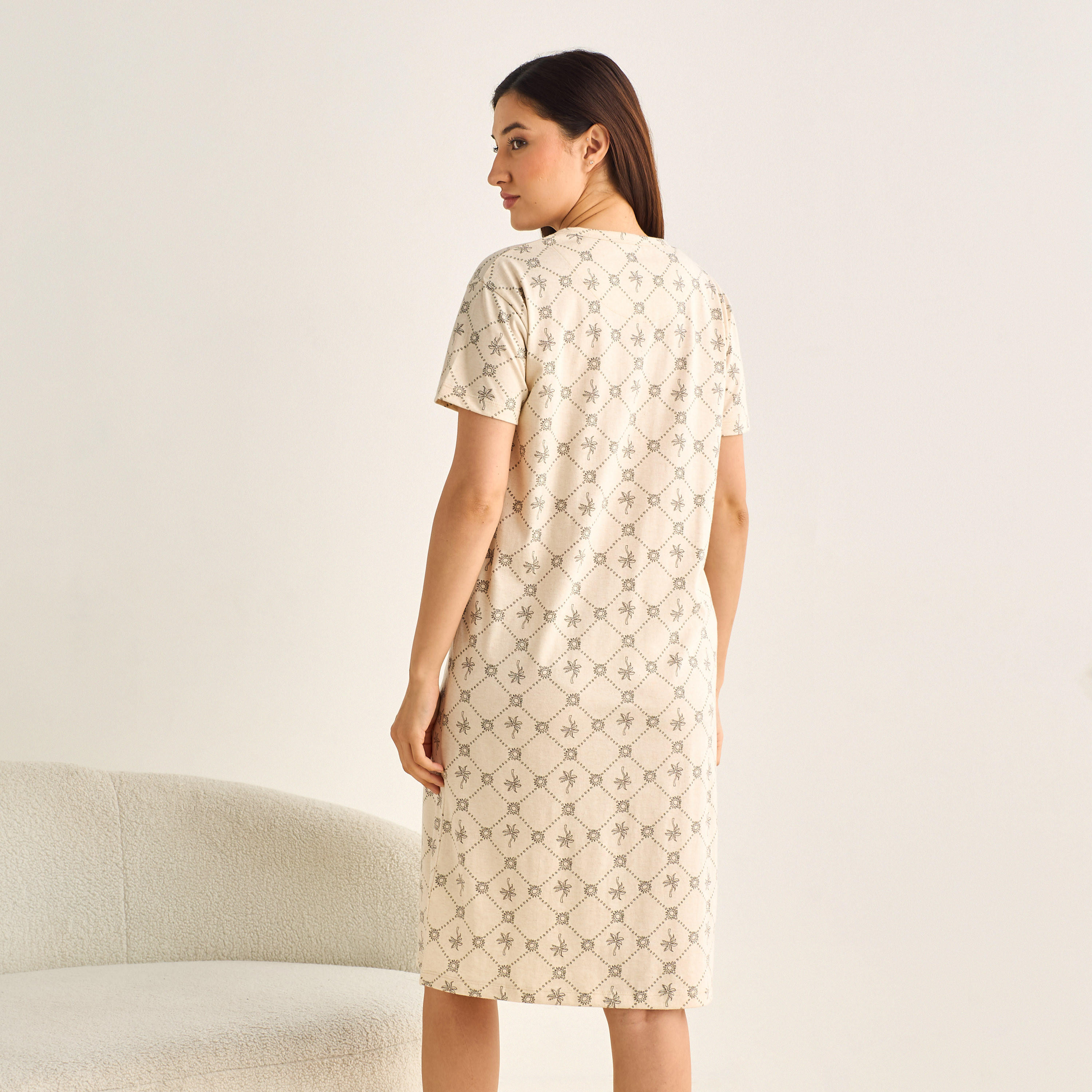 Midi Night Dress Short Sleeves Palm Tree Print Cotton-women-clothing-nightwear-nighties-image-3