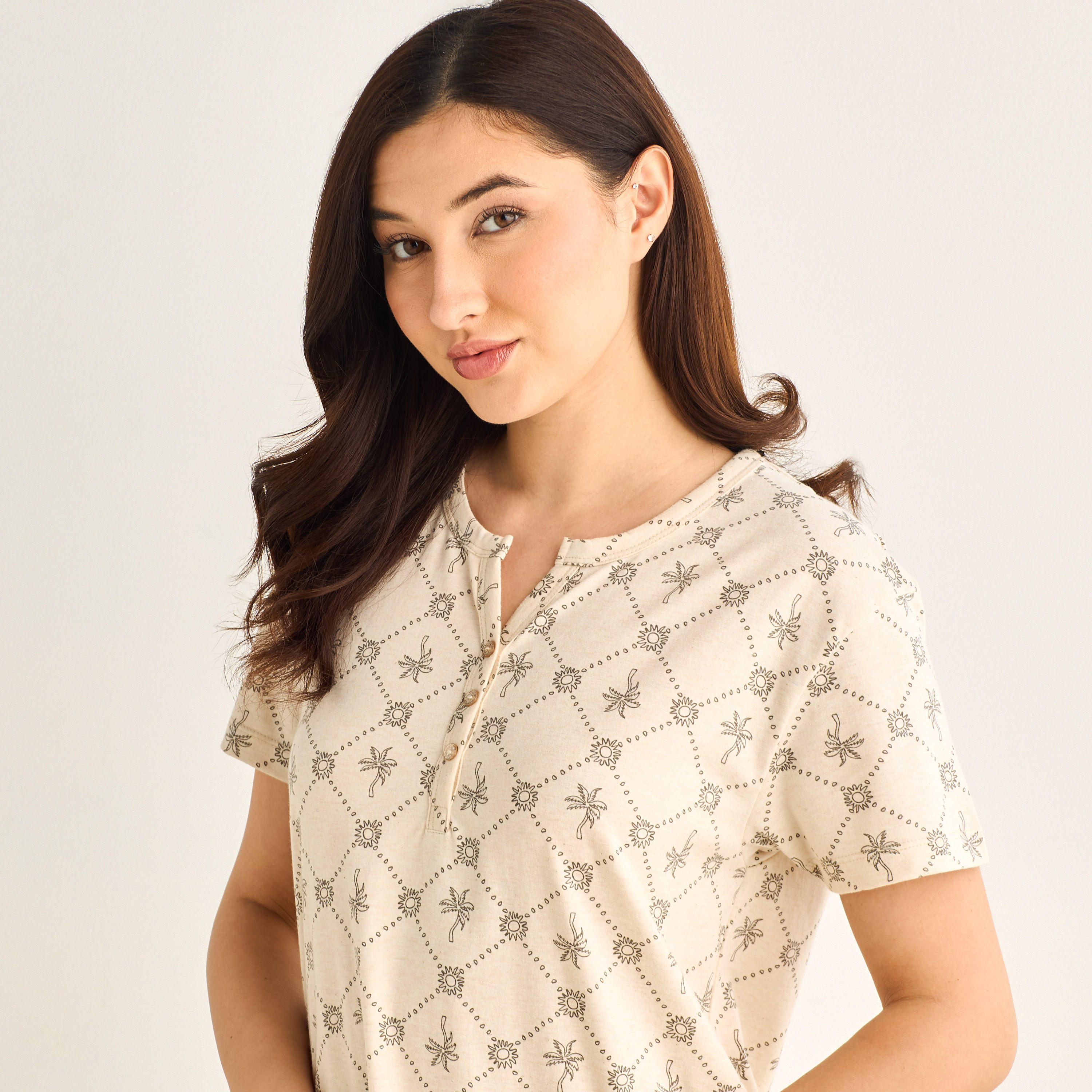 Midi Night Dress Short Sleeves Palm Tree Print Cotton-women-clothing-nightwear-nighties-image-4