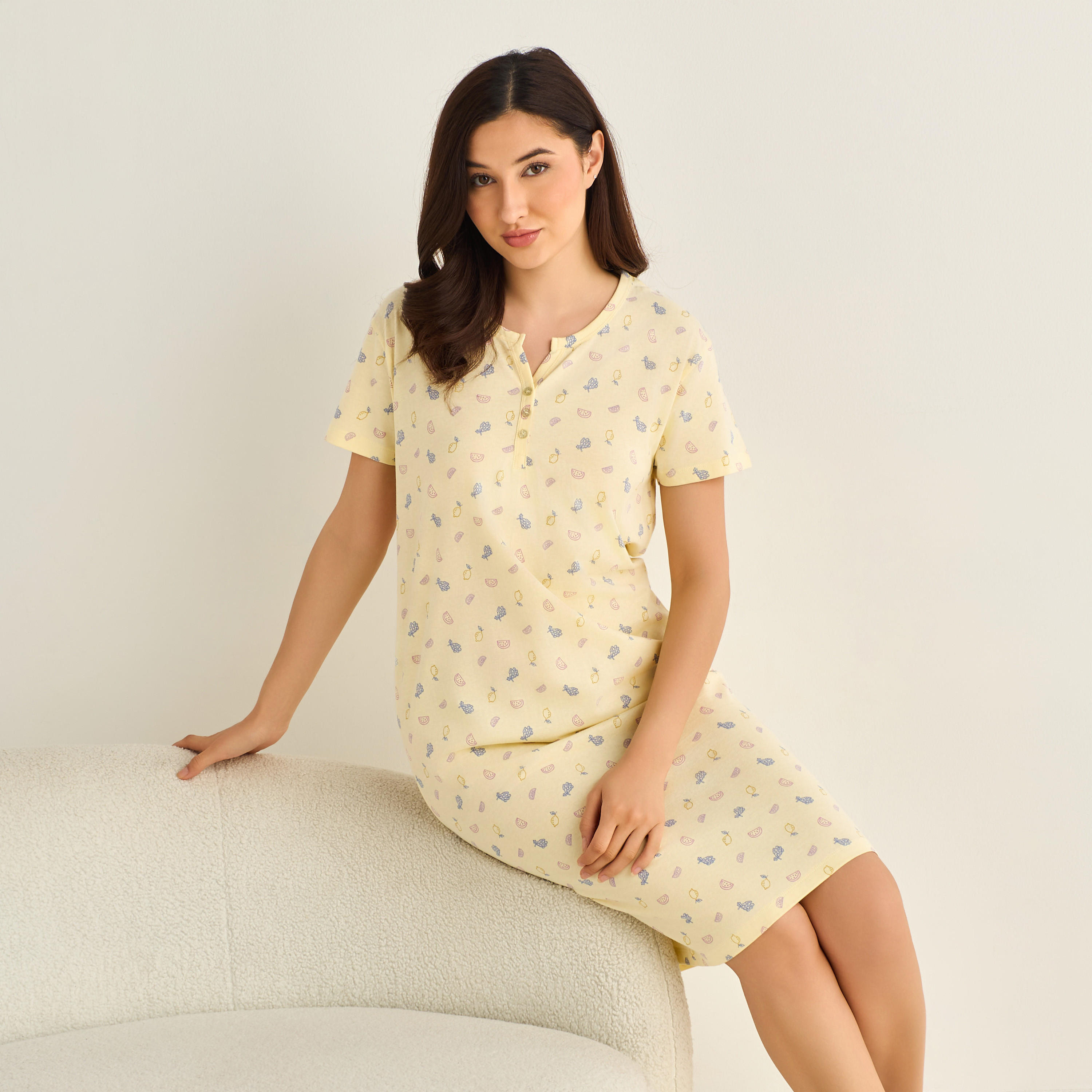 فستان نوم قطن ميدي بأكمام قصيرة وطبعات-women-clothing-nightwear-nighties-image-1