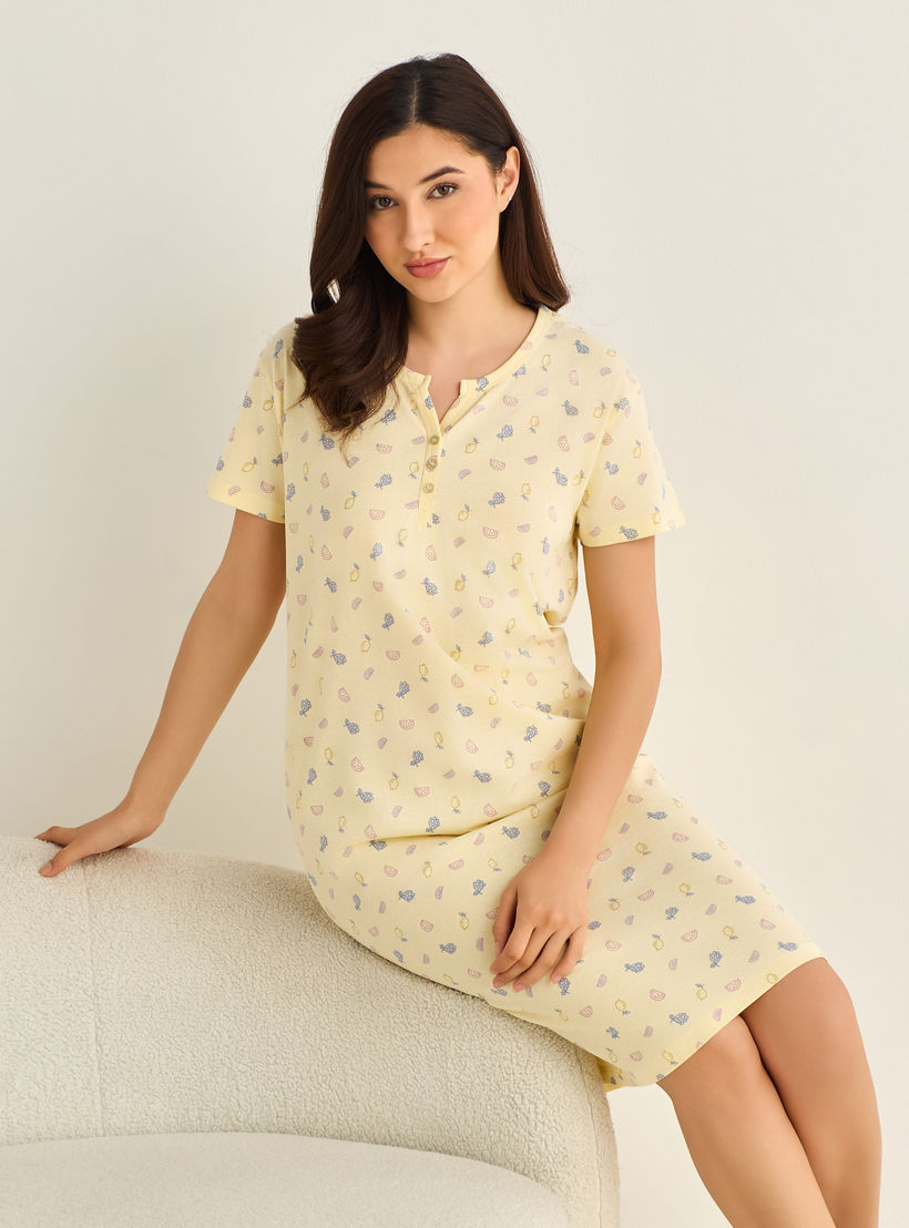 فستان نوم قطن ميدي بأكمام قصيرة وطبعات-women-clothing-nightwear-nighties-image-1