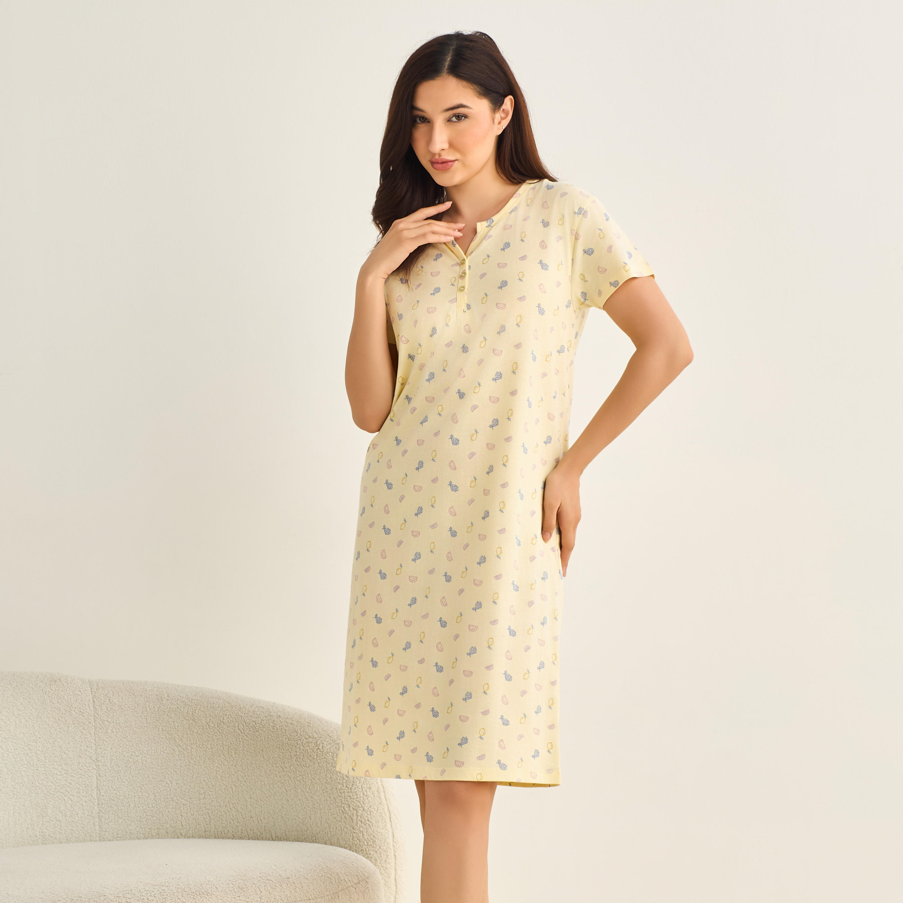 فستان نوم قطن ميدي بأكمام قصيرة وطبعات-women-clothing-nightwear-nighties-image-2