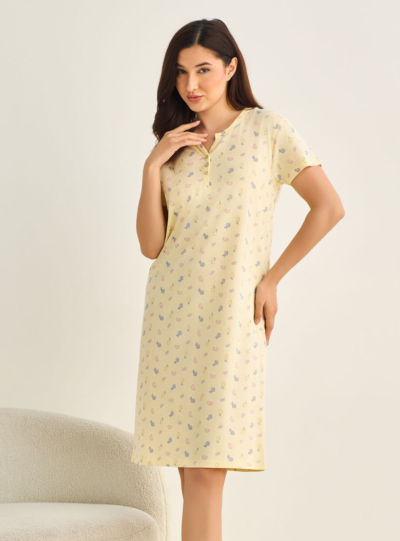 فستان نوم قطن ميدي بأكمام قصيرة وطبعات-women-clothing-nightwear-nighties-image-2