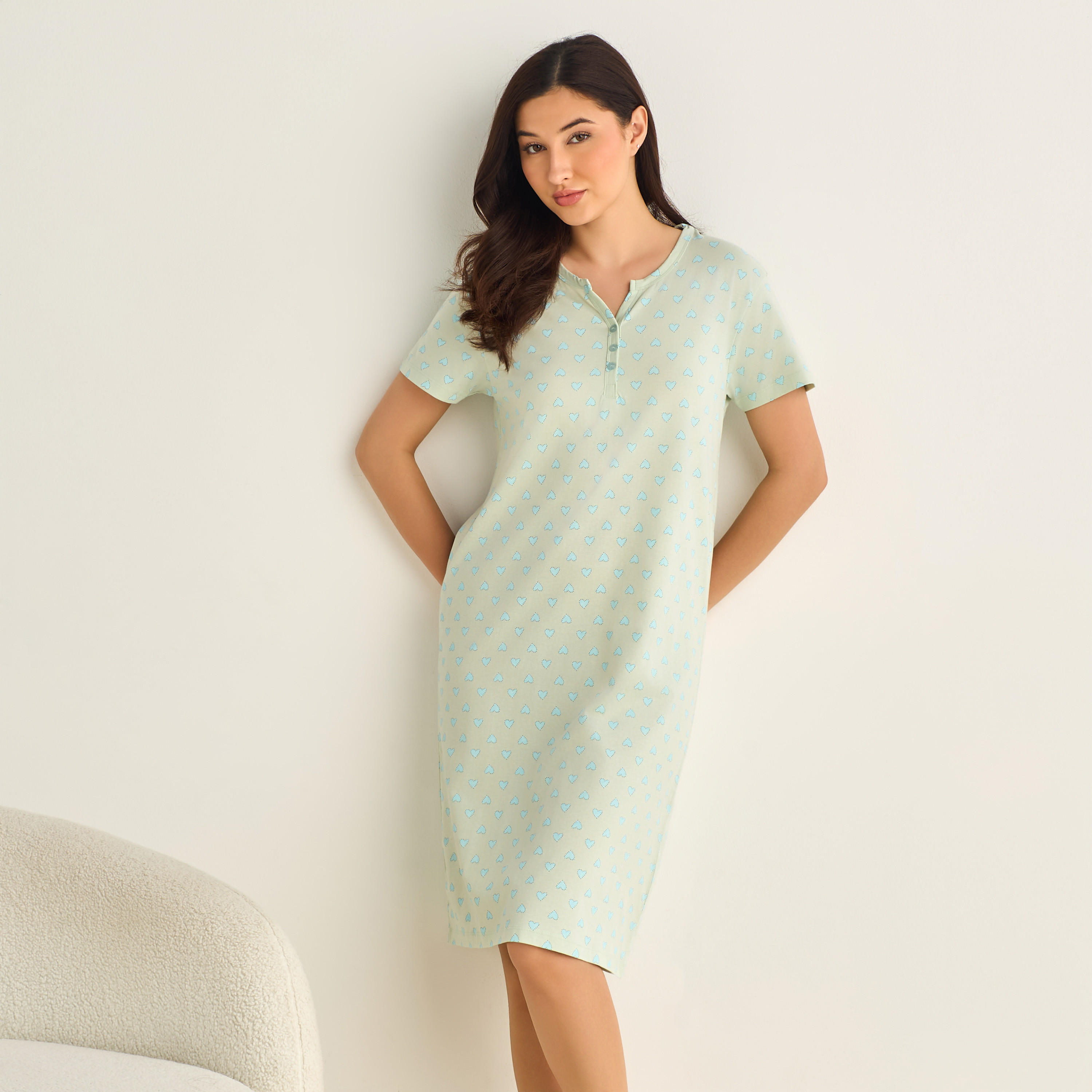 Midi Night Dress Short Sleeve Fruit Print Cotton-women-clothing-nightwear-nighties-image-1