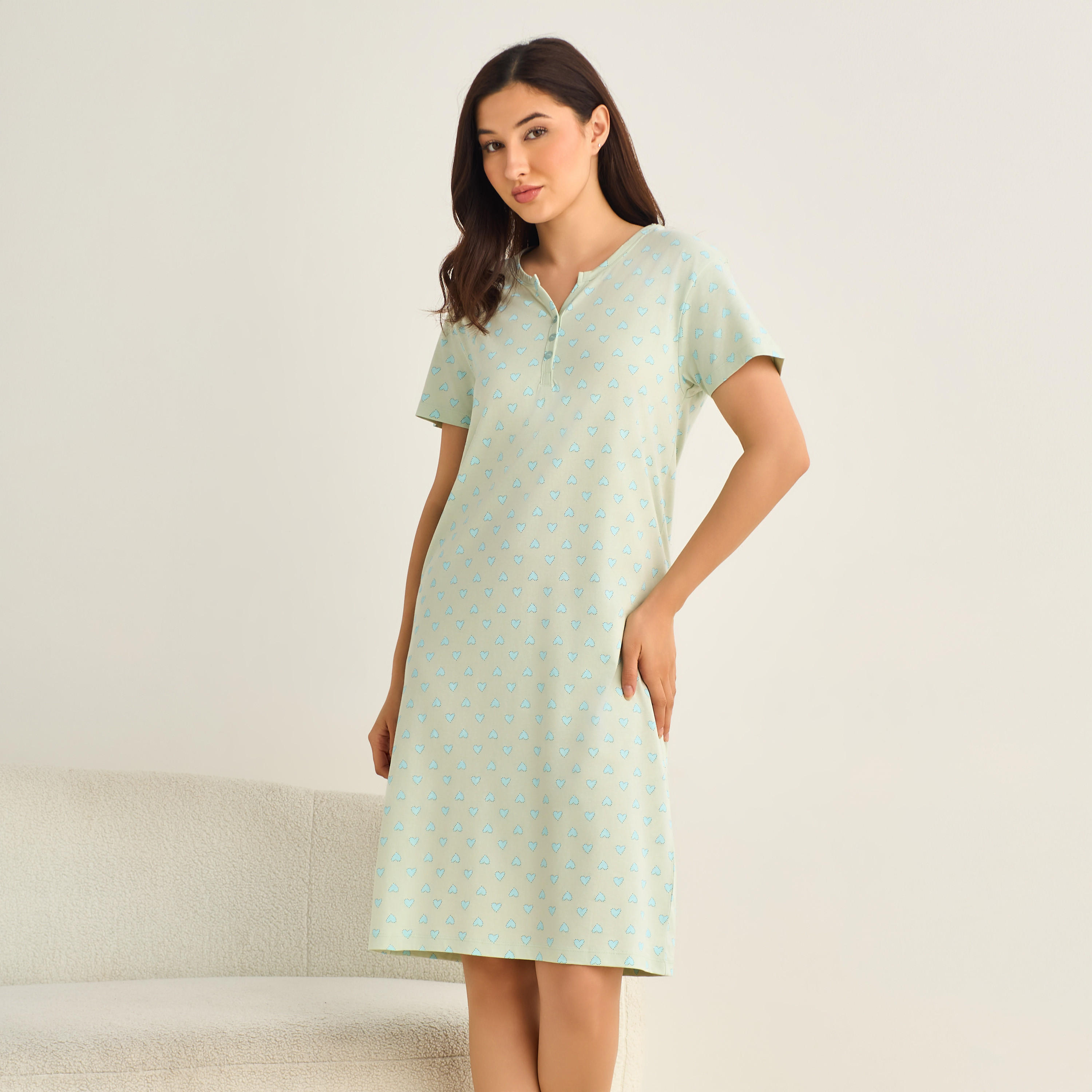 فستان نوم قطن ميدي بأكمام قصيرة وطبعات-women-clothing-nightwear-nighties-image-2