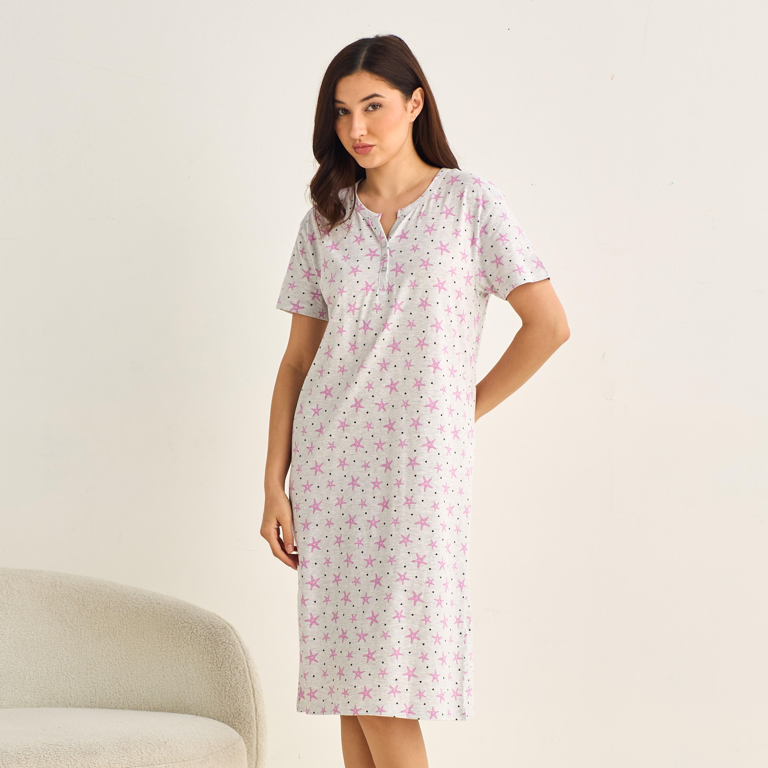 Midi Night Dress Short Sleeve Fruit Print Cotton-women-clothing-nightwear-nighties-image-1