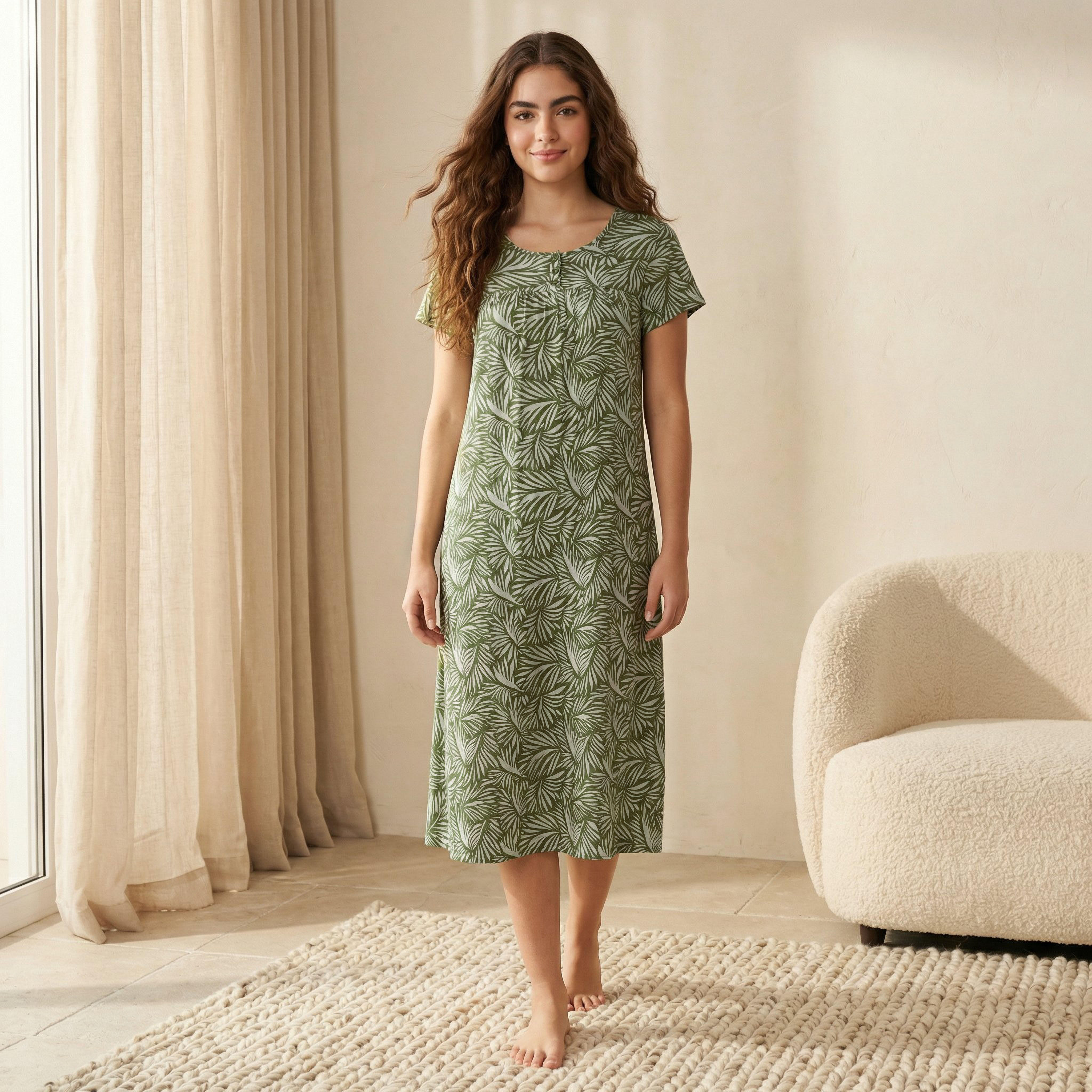 Midi Night Dress Short Sleeves Leaf Print Viscose-women-clothing-nightwear-nighties-image-1