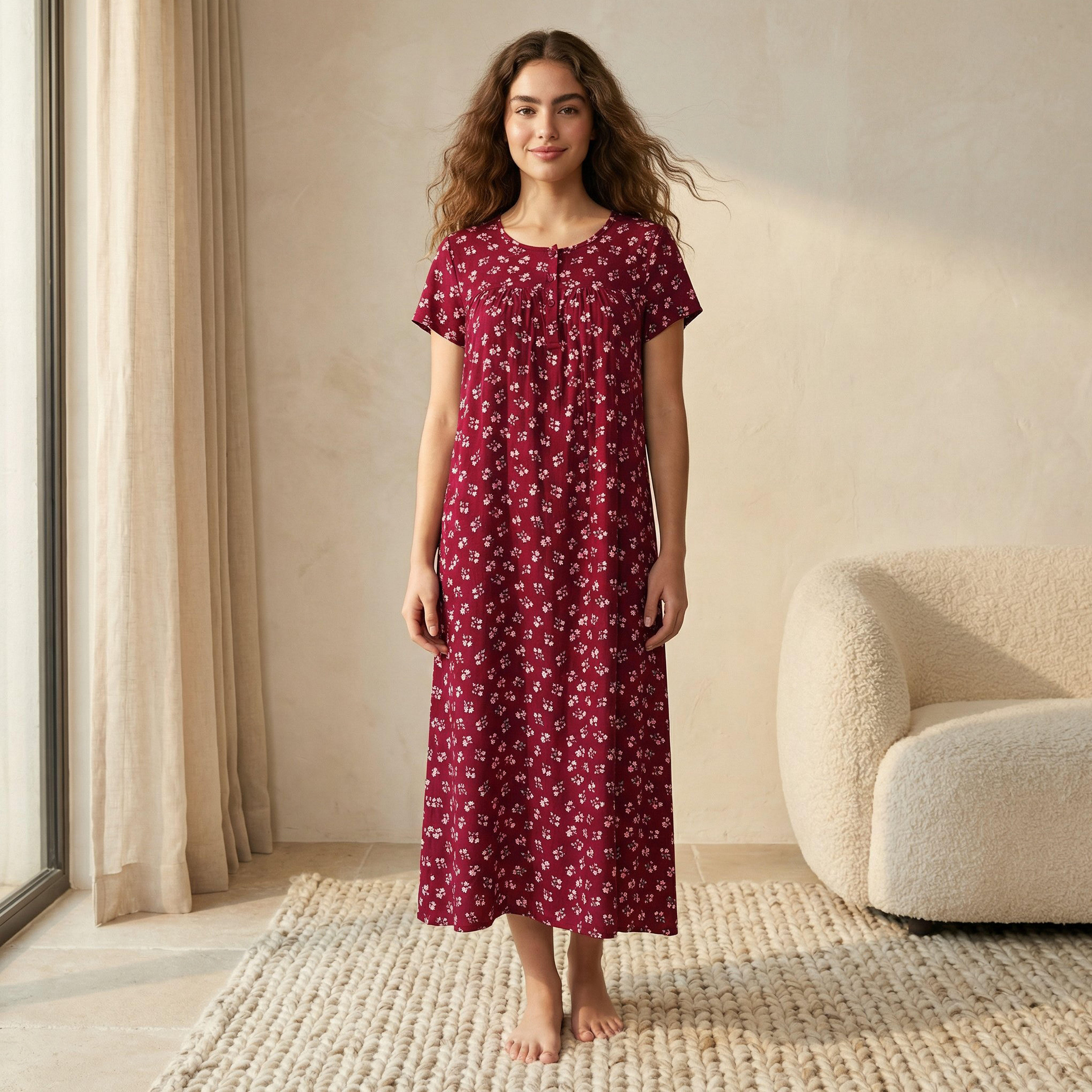 فستان نوم ميدي فيسكوز بأكمام قصيرة وطبعات-women-clothing-nightwear-nighties-image-1