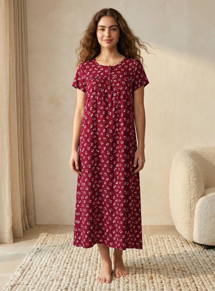 فستان نوم ميدي فيسكوز بأكمام قصيرة وطبعات-women-clothing-nightwear-nighties-image-1