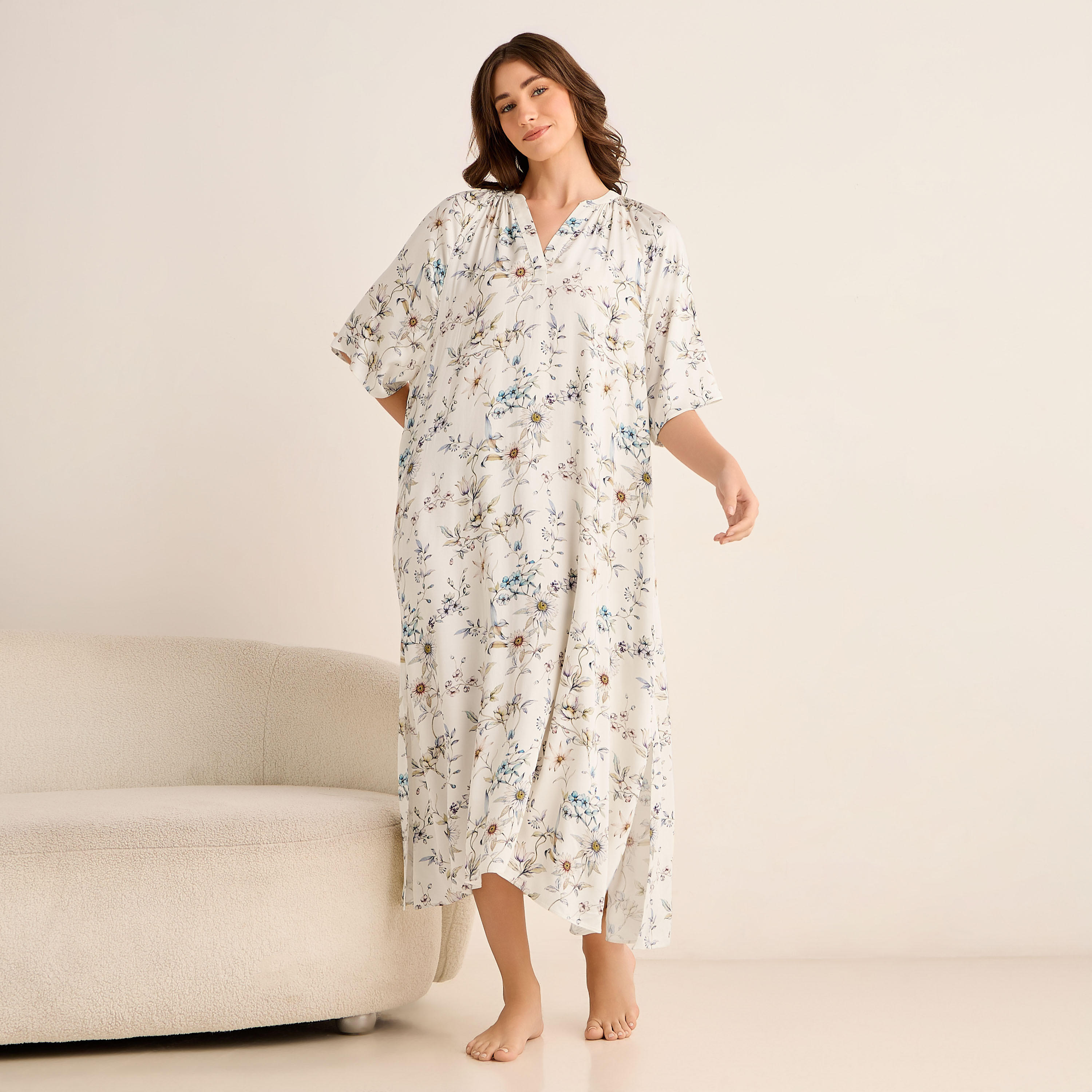Midi Floral Print Kaftan Night Dress Modal-women-clothing-nightwear-nighties-image-2
