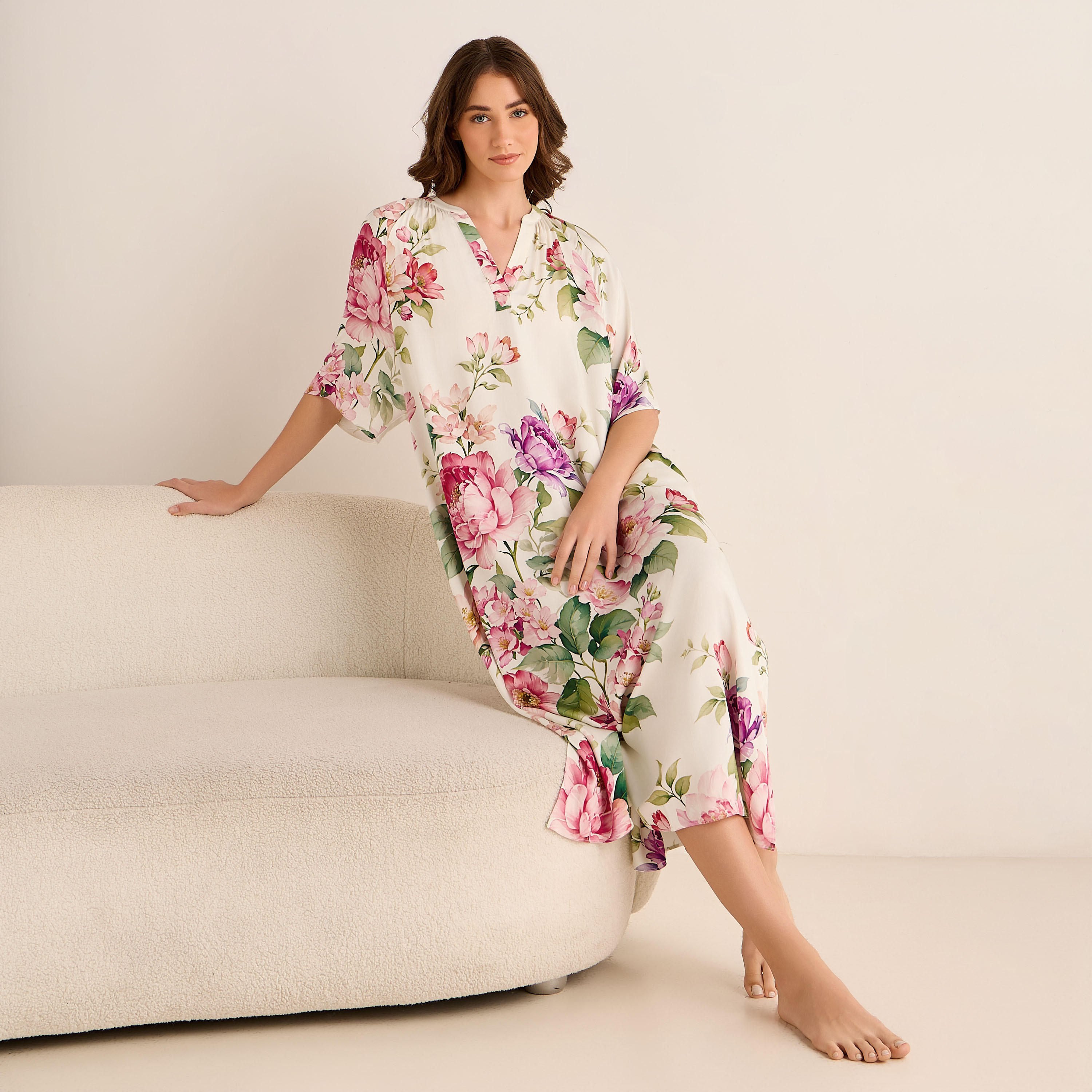فستان قفطان مسائي ميدي مودال بطبعات زهرية-women-clothing-nightwear-nighties-image-1