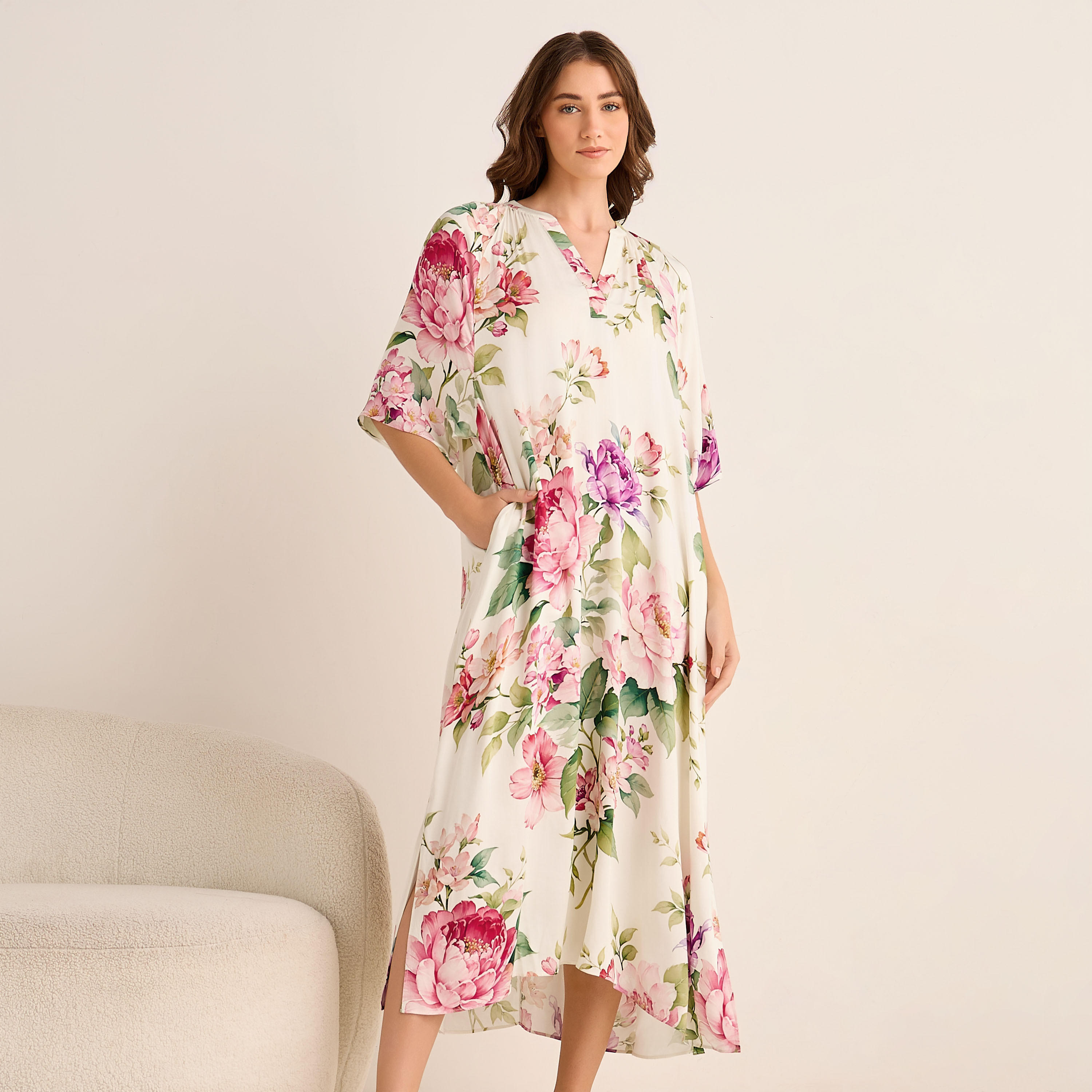 فستان قفطان مسائي ميدي مودال بطبعات زهرية-women-clothing-nightwear-nighties-image-3