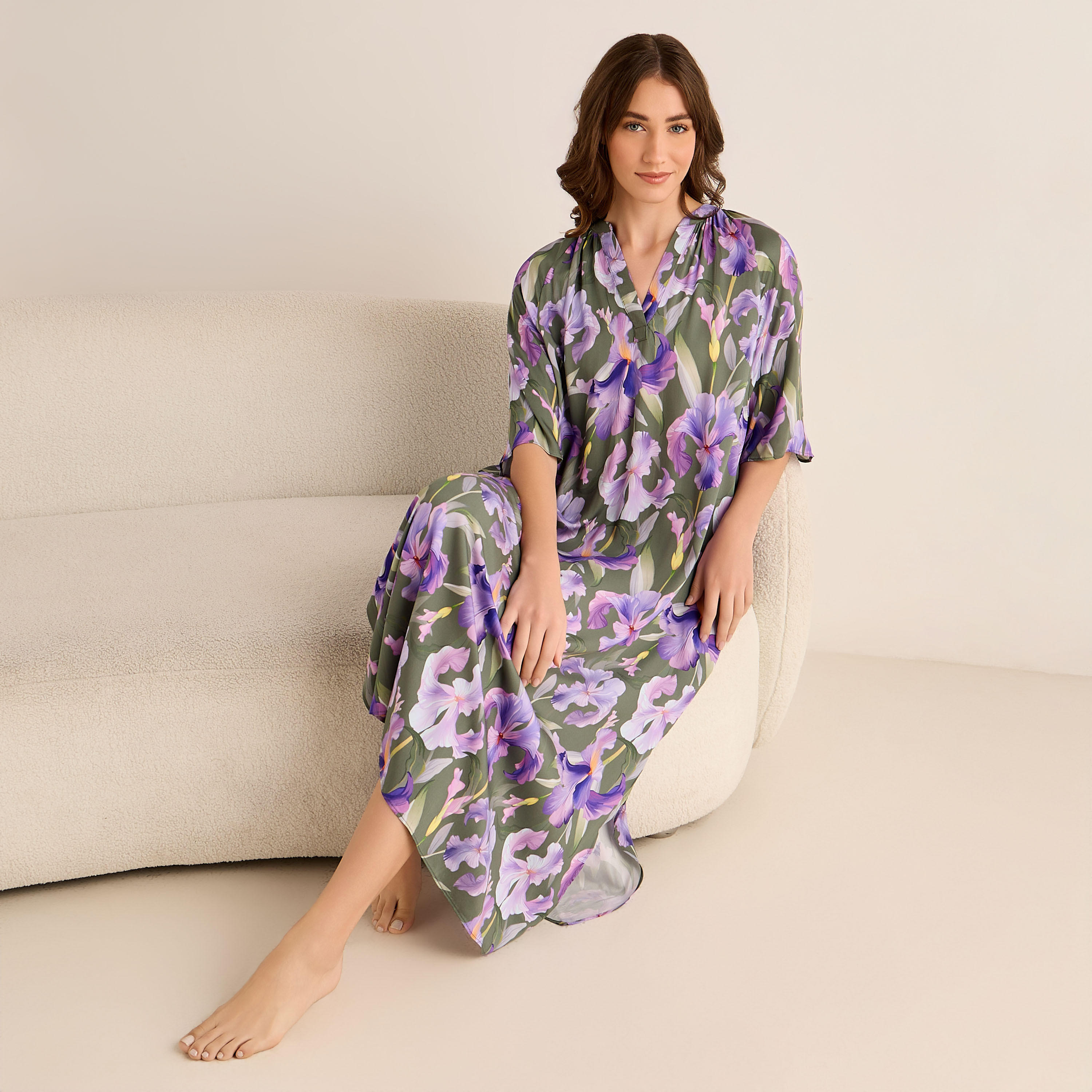 Midi Floral Print Kaftan Night Dress Modal-women-clothing-nightwear-nighties-image-1