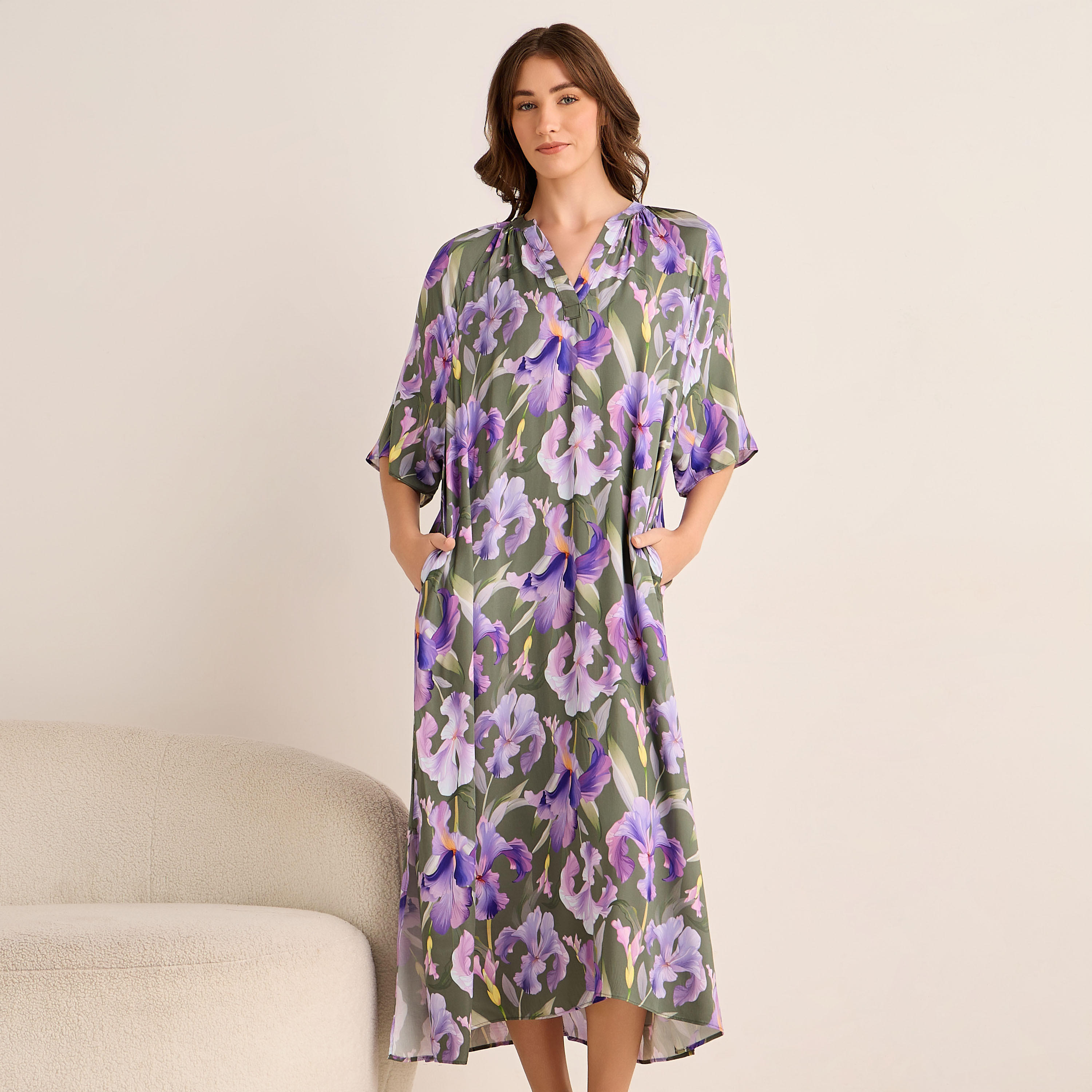 Midi Floral Print Kaftan Night Dress Modal-women-clothing-nightwear-nighties-image-2