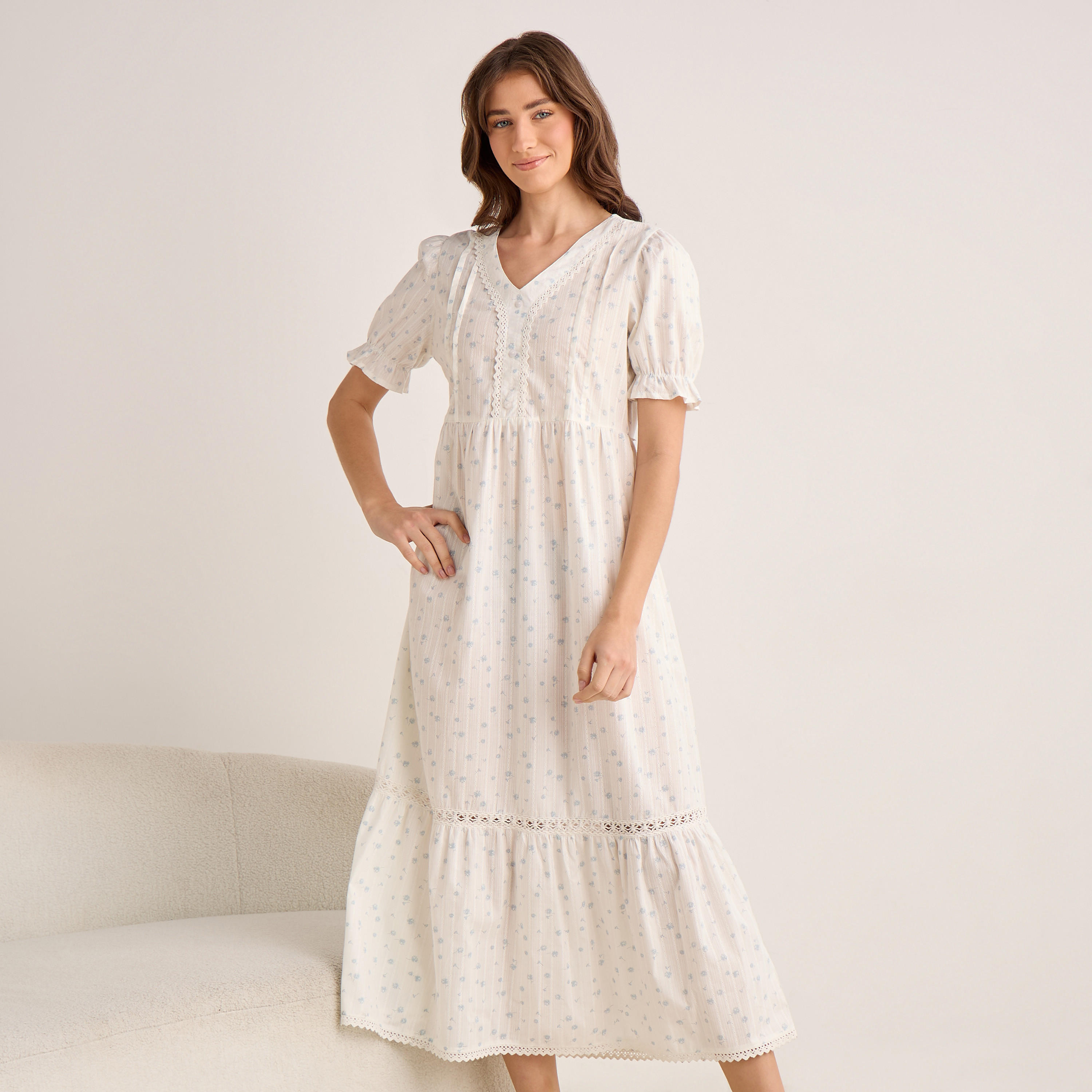 Night Dress Short Sleeve V-neck Cotton-women-clothing-nightwear-nighties-image-1