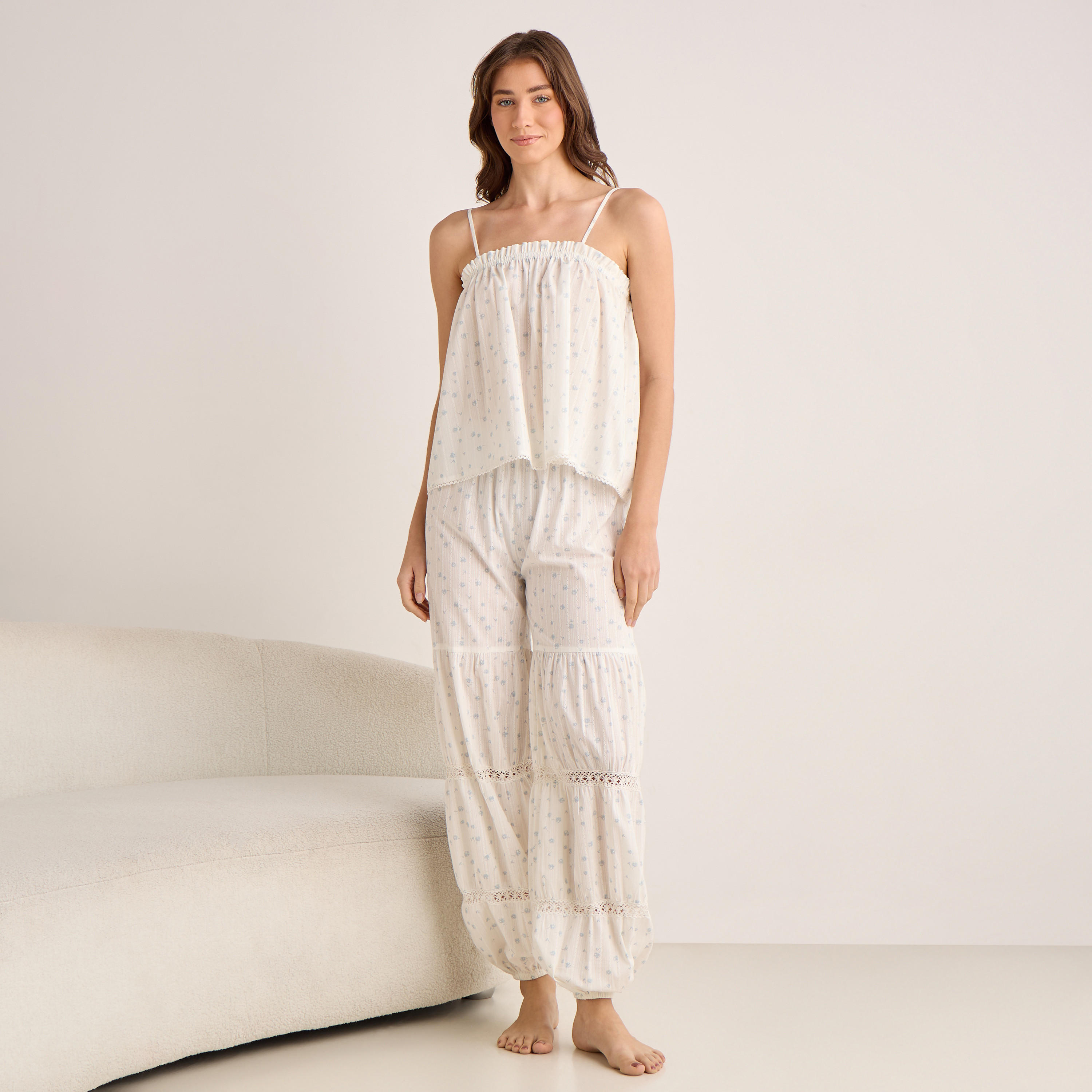 Pyjama Set Spaghetti Strap Top & Trousers Cotton-women-clothing-nightwear-pyjamas-longsets-image-1